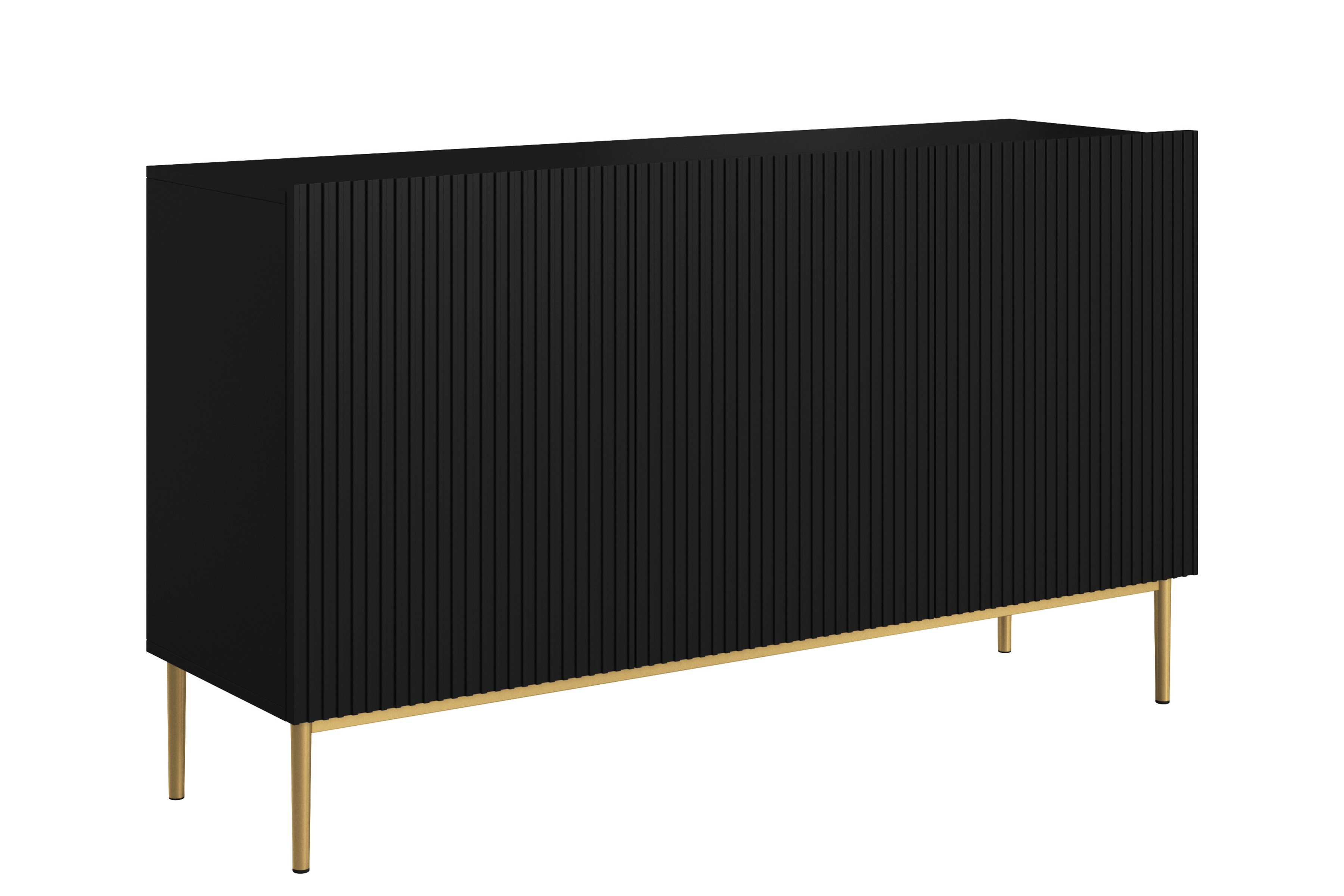 Bogart Moderní komoda Nical 150 cm třídveřová s ryhovaným čelem - černá matná/zlaté nohy