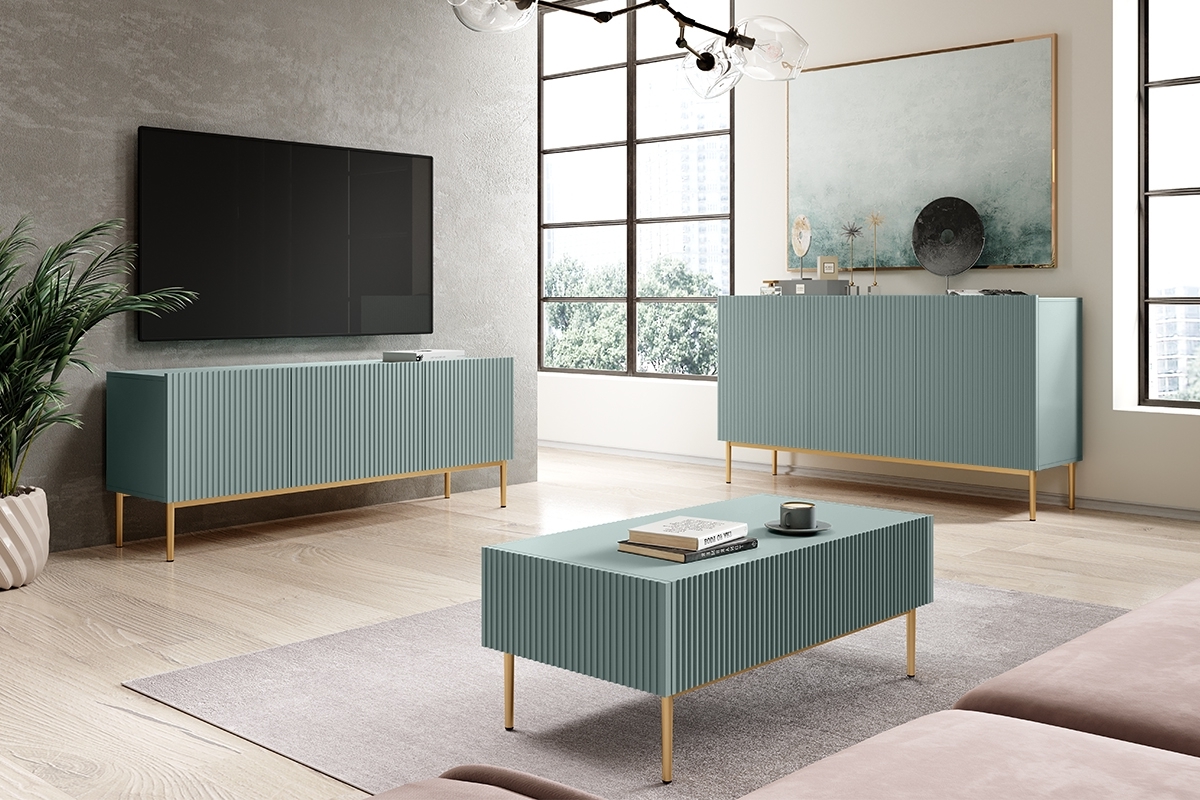 Bogart Moderní komoda Nical 150 cm třídveřová s ryhovaným čelem - šalvějová/zlaté nožky - Obrázek 2
