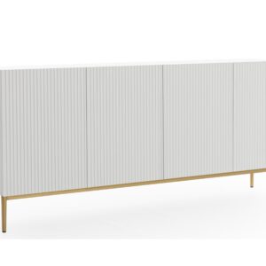 Bogart Moderní komoda Nical 200 cm čtyřdveřová s ryhovaným čelem - bílý mat/zlaté nožky
