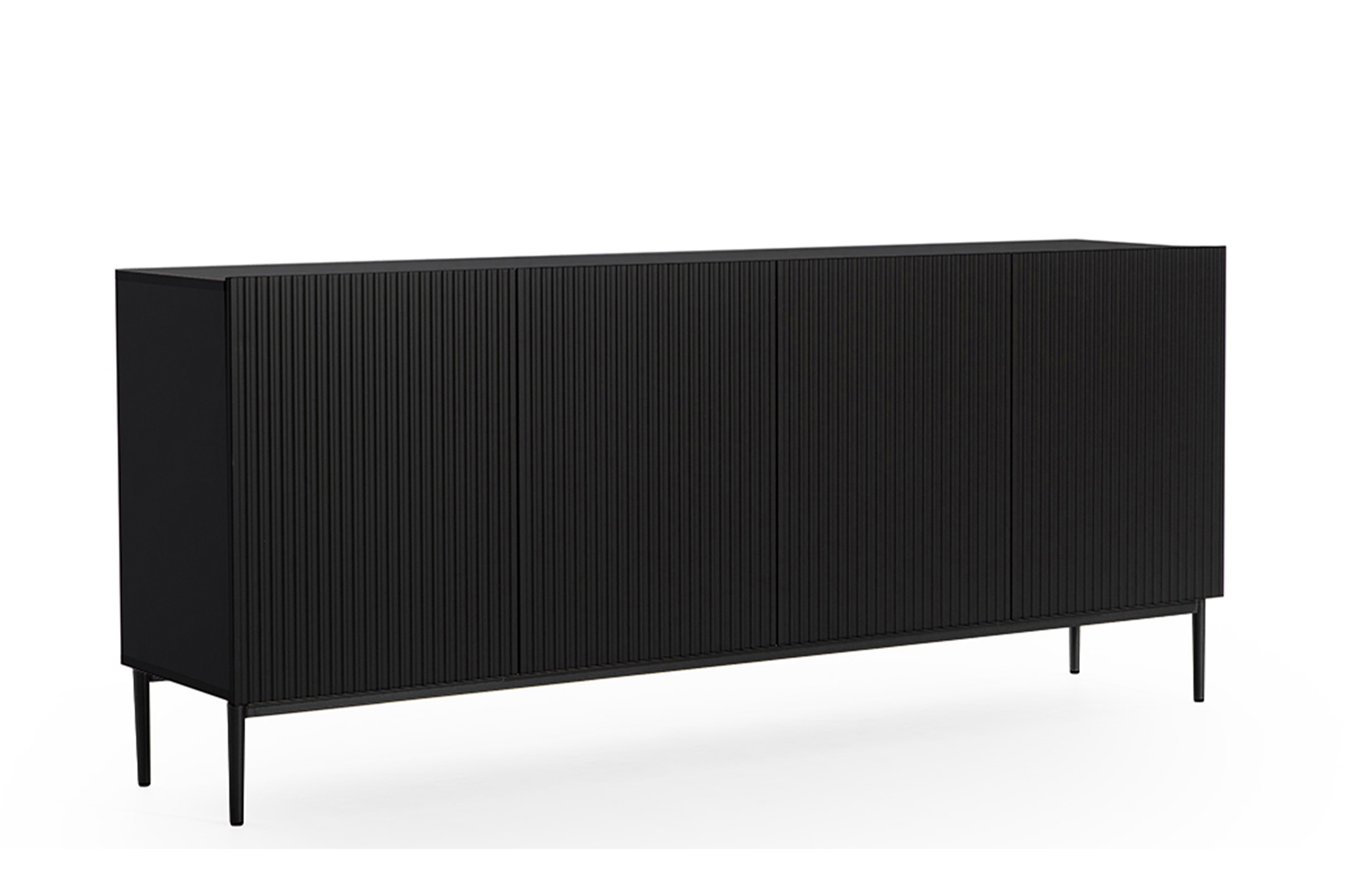 Bogart Moderní komoda Nical 200 cm čtyřdveřová s ryhovaným čelem - černá matná/černé nohy