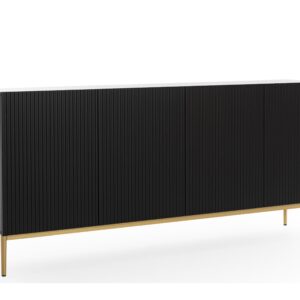 Bogart Moderní komoda Nical 200 cm čtyřdveřová s ryhovaným čelem - černý mat/zlaté nohy
