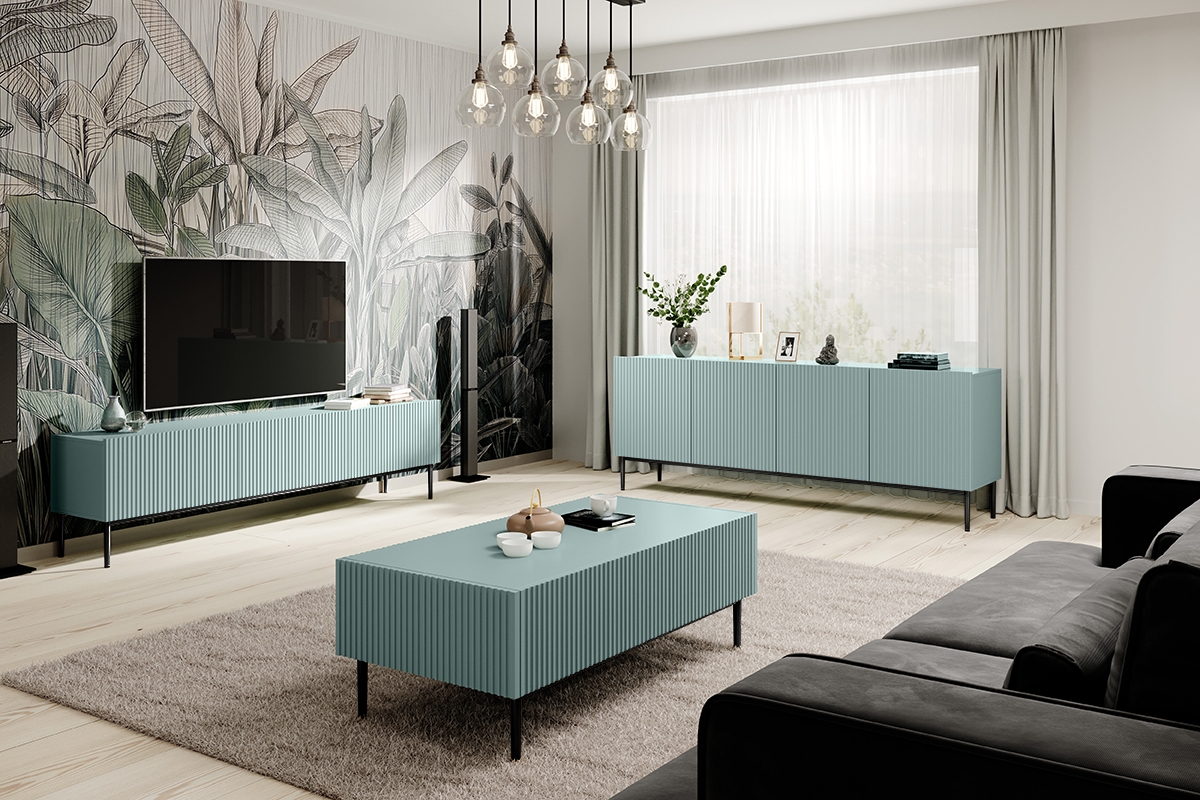 Bogart Moderní komoda Nical 200 cm čtyřdveřová s ryhovaným čelem - šalvěj/černé nožky - Obrázek 2