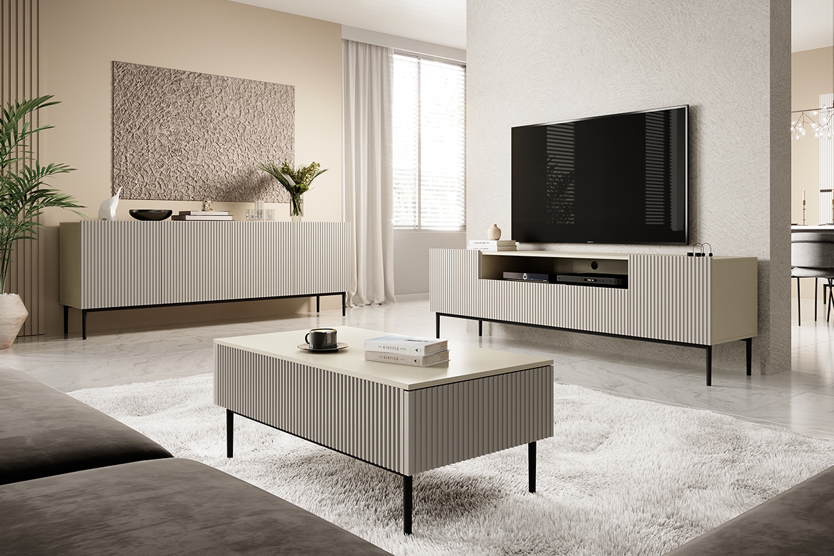 Bogart Moderní komoda Nical 200 cm se čtyřmi dveřmi a ryhovaným čelem - kašmír/černé nohy - Obrázek 2