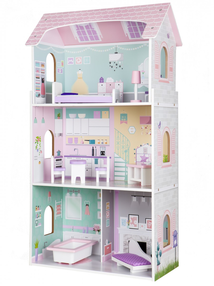ECOTOYS Dřevěný domeček pro panenky růžový - Obrázek 2