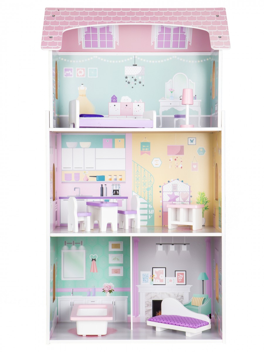 ECOTOYS Dřevěný domeček pro panenky růžový