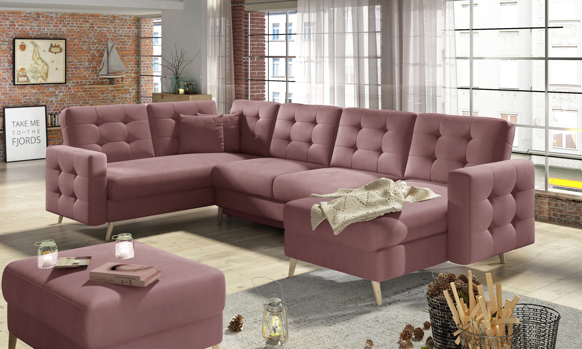 Eltap Rohová rozkládací sedací souprava ASGARD U 326 cm Mat Velvet 63 růžová univerzální - Obrázek 2