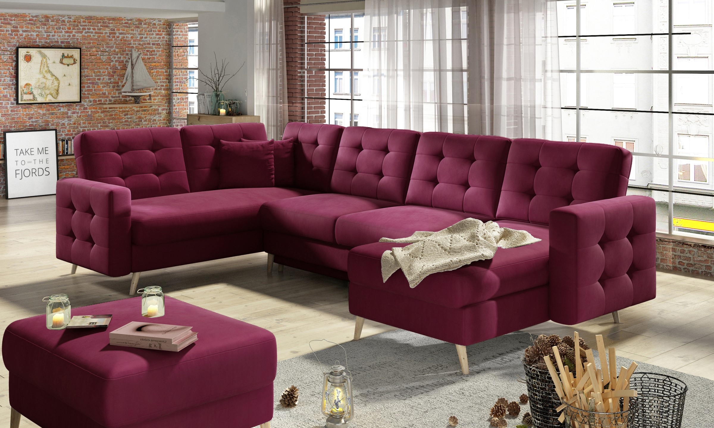 Eltap Rohová rozkládací sedací souprava ASGARD U 326 cm Mat Velvet 68 vínová univerzální - Obrázek 2