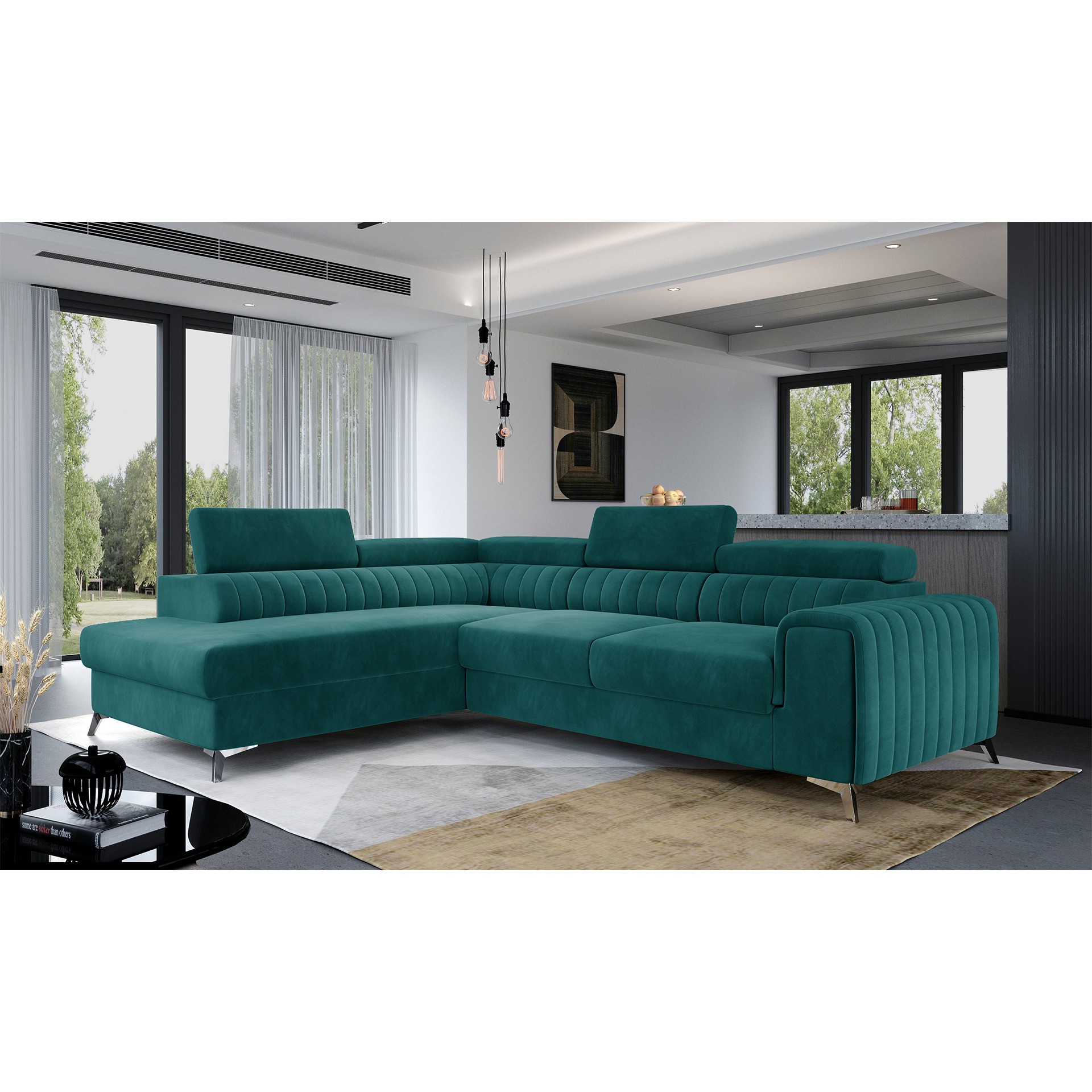 Eltap Rohová rozkládací sedací souprava LAURENCE 278 cm Mat Velvet 75 tmavě zelená levá - Obrázek 2