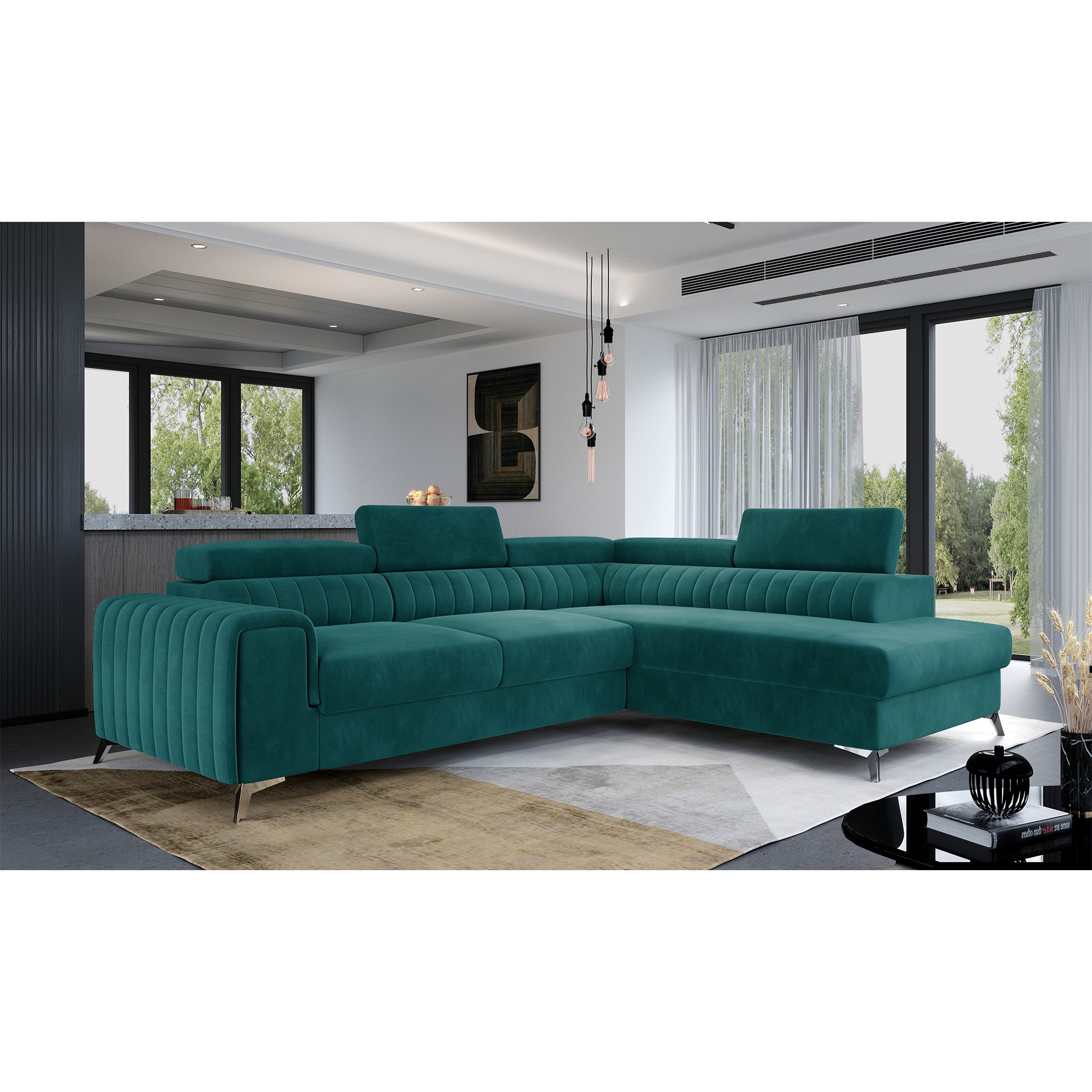Eltap Rohová rozkládací sedací souprava LAURENCE 278 cm Mat Velvet 75 tmavě zelená pravá - Obrázek 2