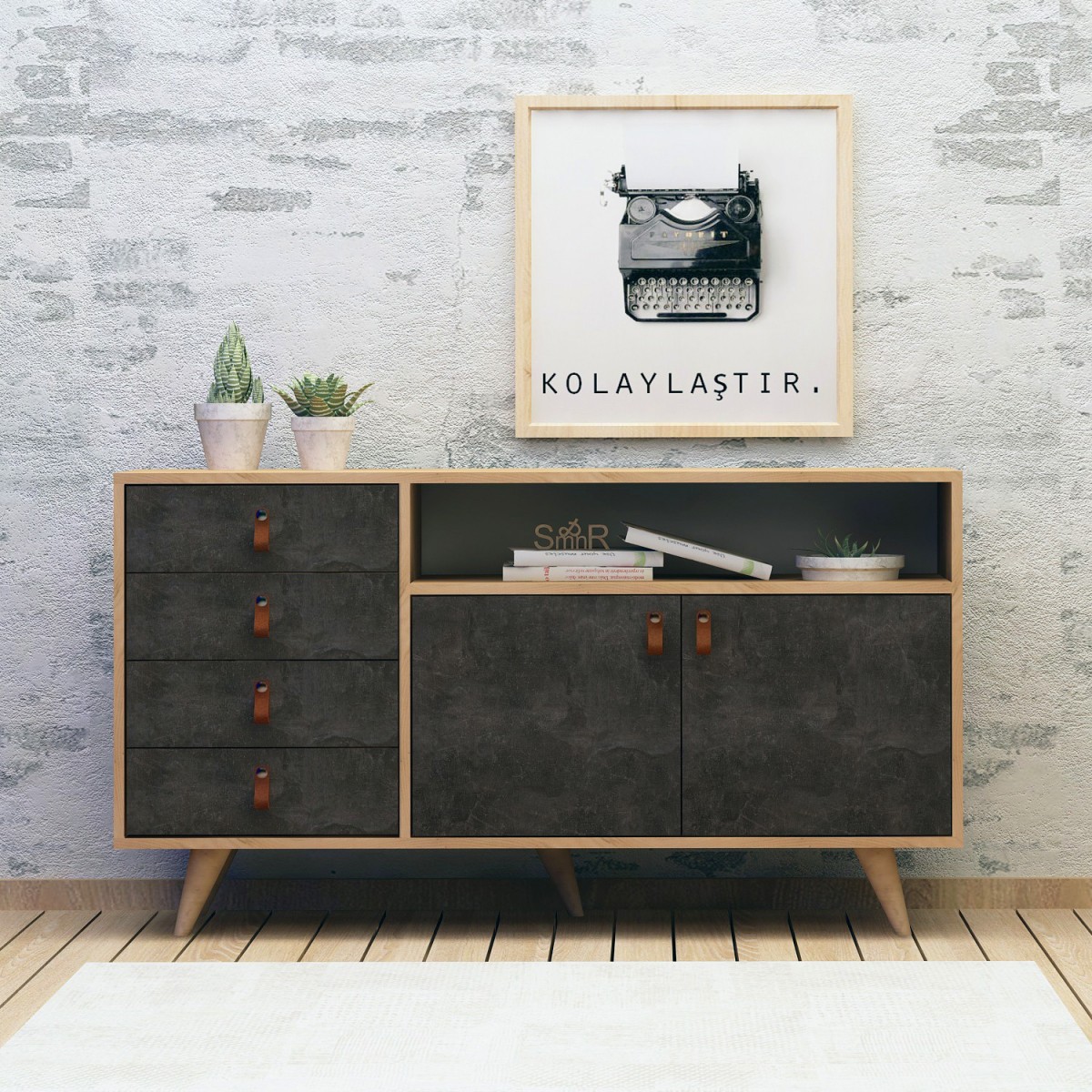 Hanah Home Komoda Pagina I 140 cm dub craft zlatý/tmavý beton - Obrázek 2