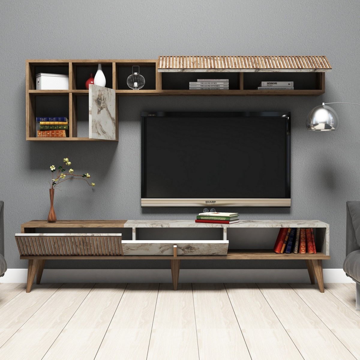 Hanah Home Obývací stěna Milan ořech/bílý mramor - Obrázek 2