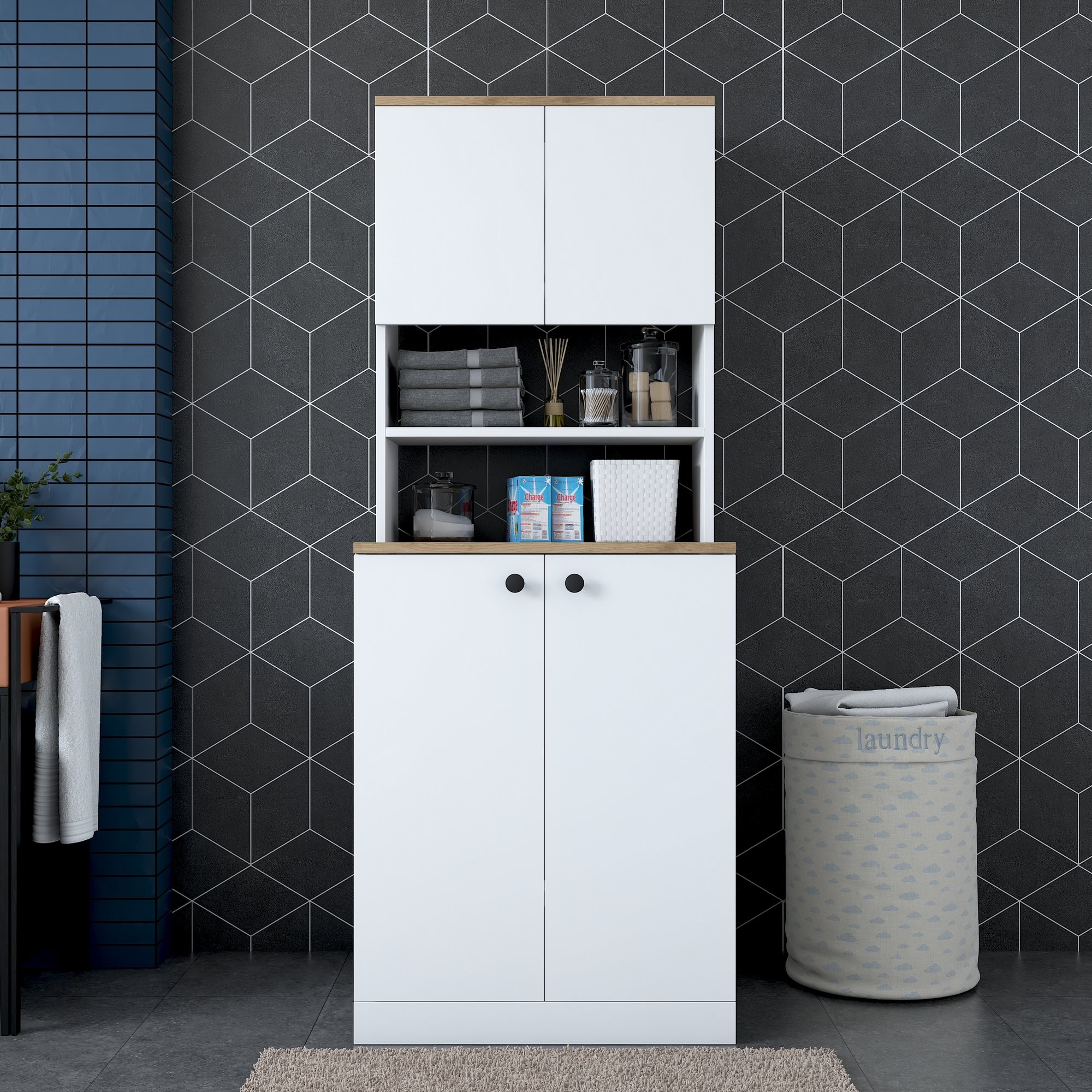 Kalune Design Koupelnová skříňka na pračku KD102 ořech/bílá - Obrázek 2