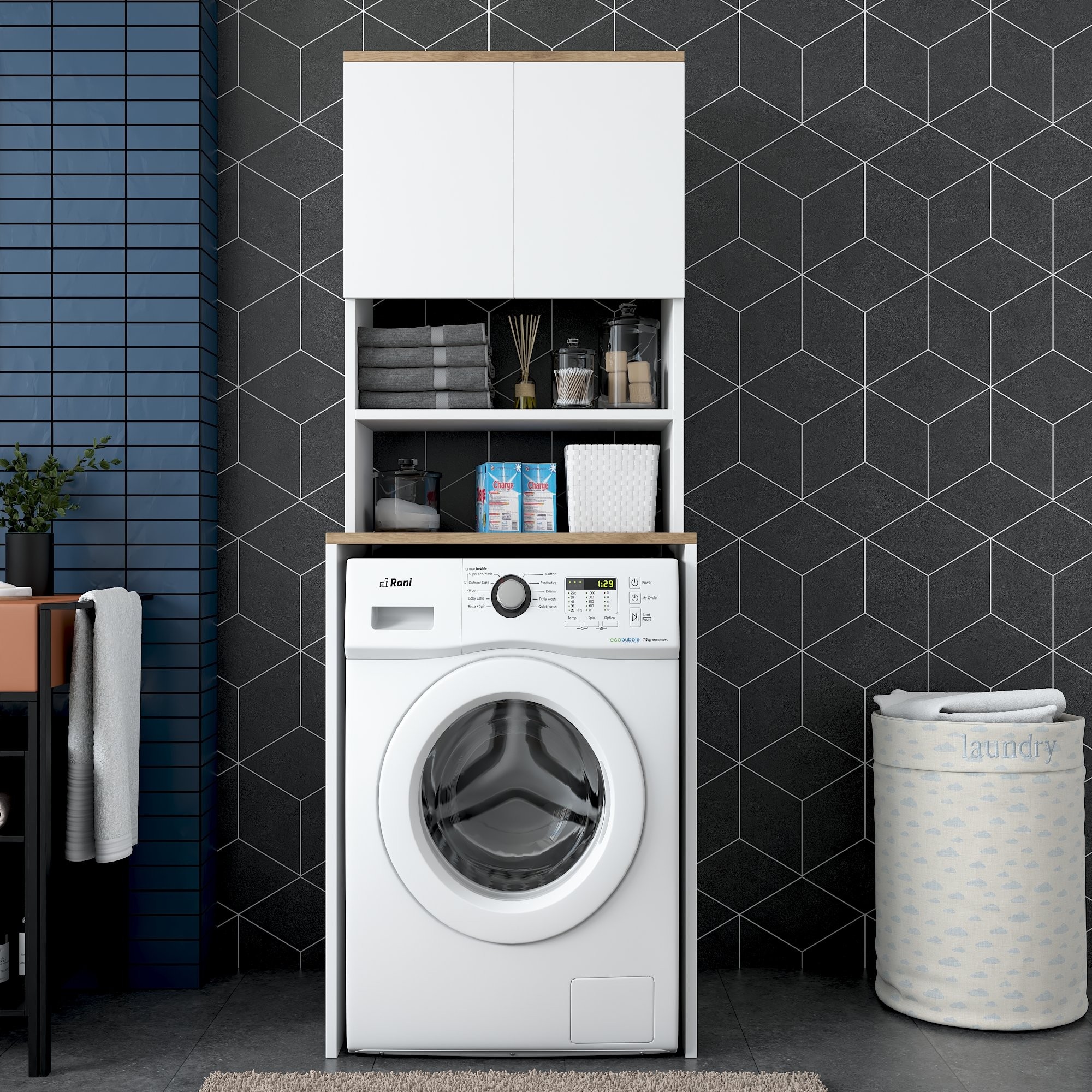 Kalune Design Koupelnová skříňka nad pračku KD101 ořech/bílá - Obrázek 2
