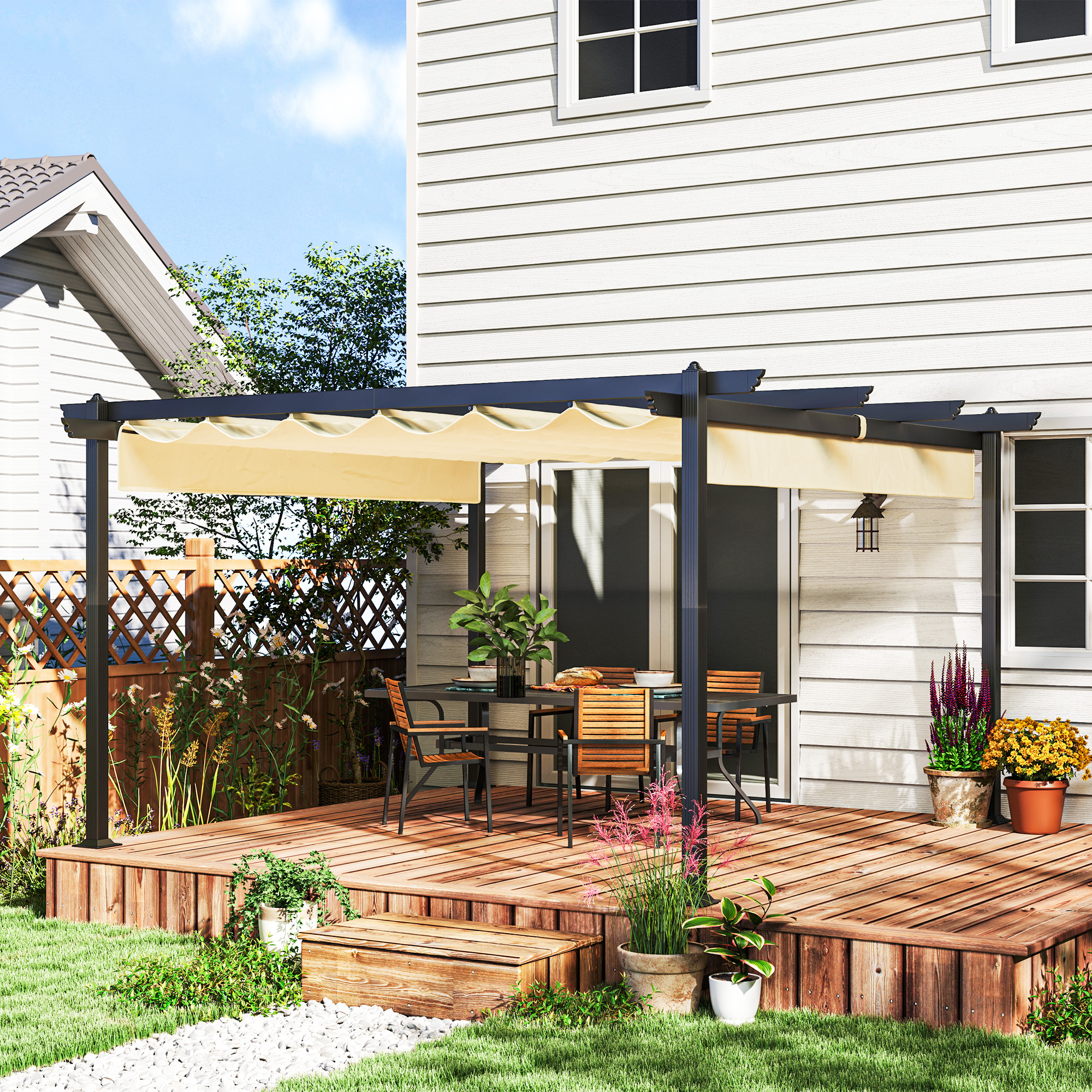 OUTSUNNY Hliníková pergola s nastavitelnou látkovou střechou 390 x 390 cm béžová - Obrázek 2