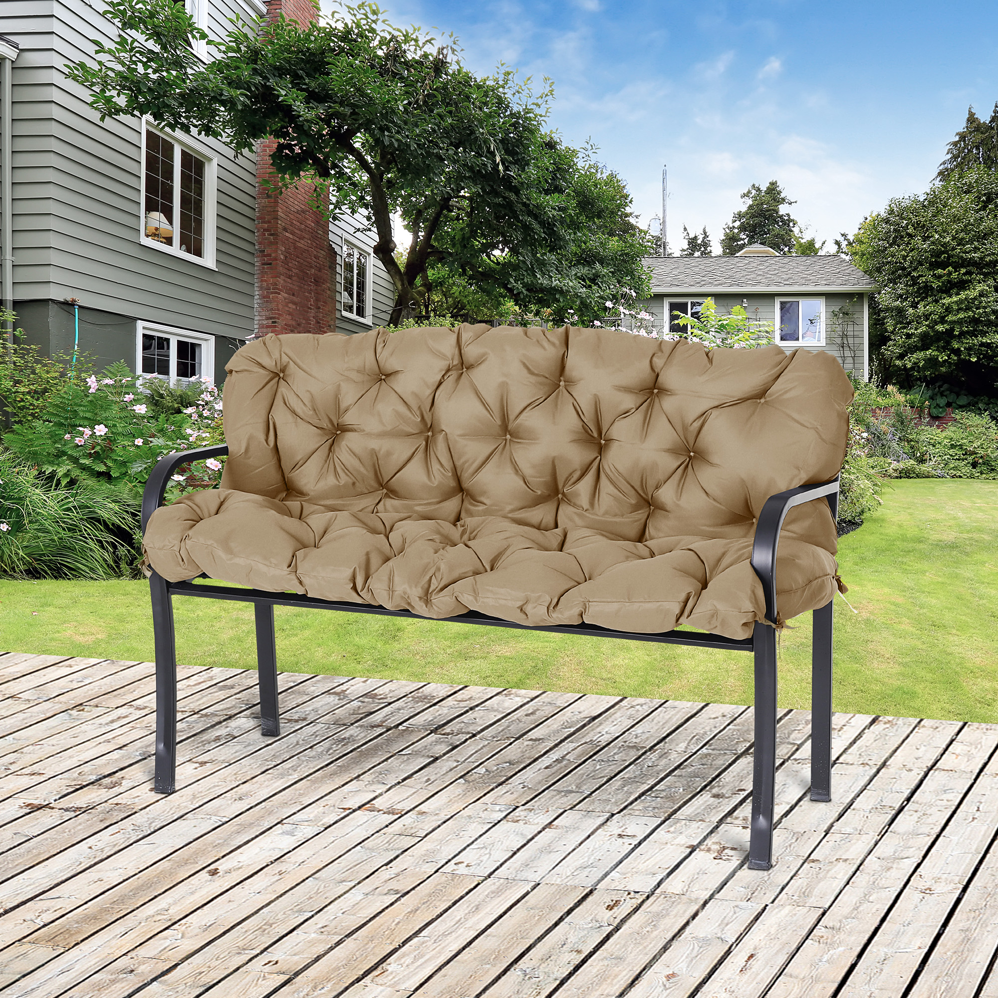 OUTSUNNY Trojmístný polštář na lavici 150 x 98 x 8 cm khaki - Obrázek 2
