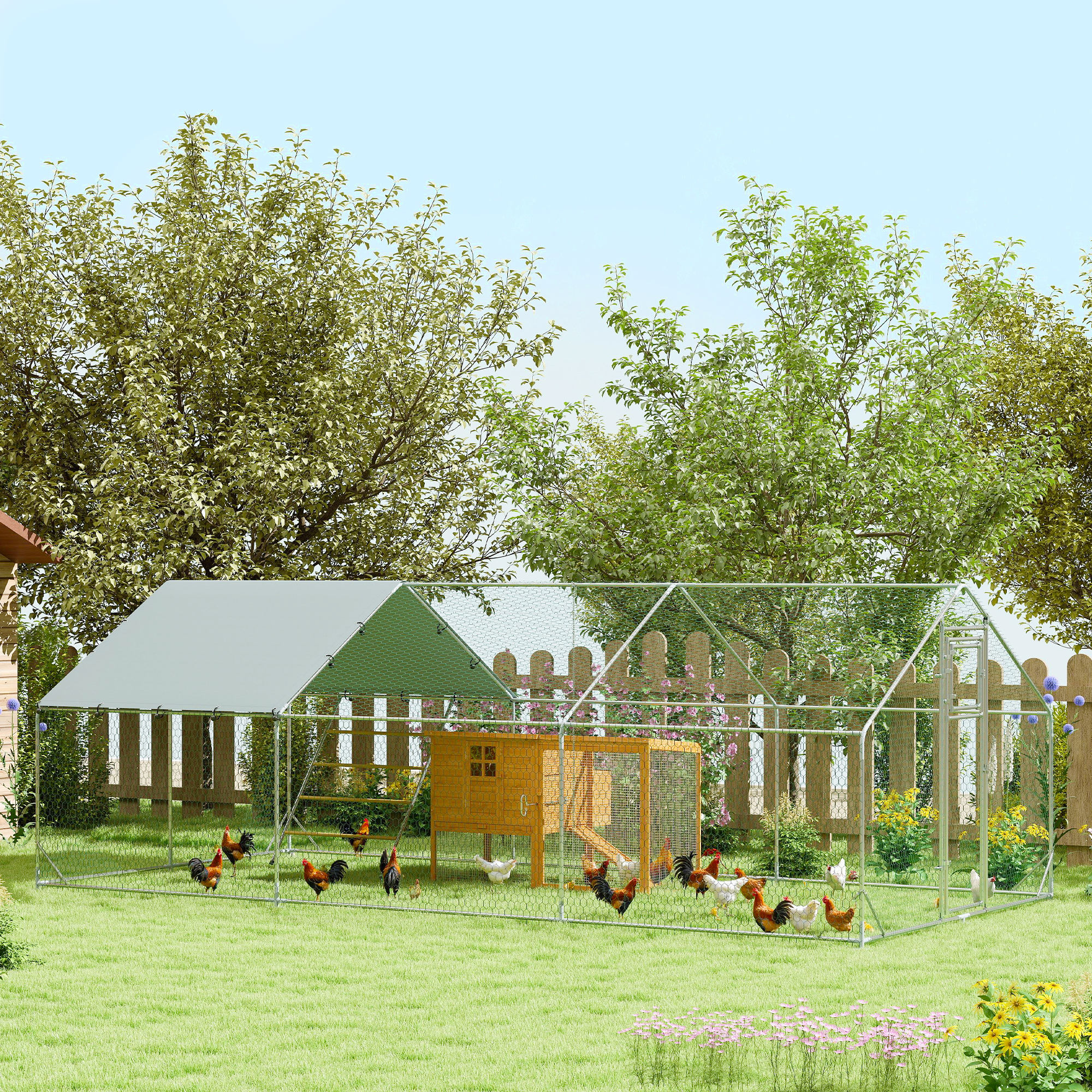 PAWHUT Výběh pro slepice XXL s hřadem kovový se střechou pro 18-24 slepic 600 x 195 x 300 cm - Obrázek 2