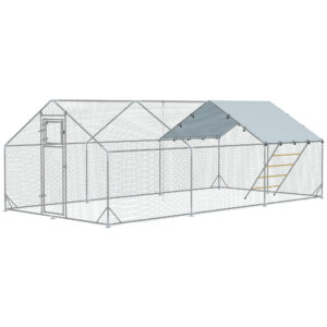 PAWHUT Výběh pro slepice XXL s hřadem kovový se střechou pro 18-24 slepic 600 x 195 x 300 cm