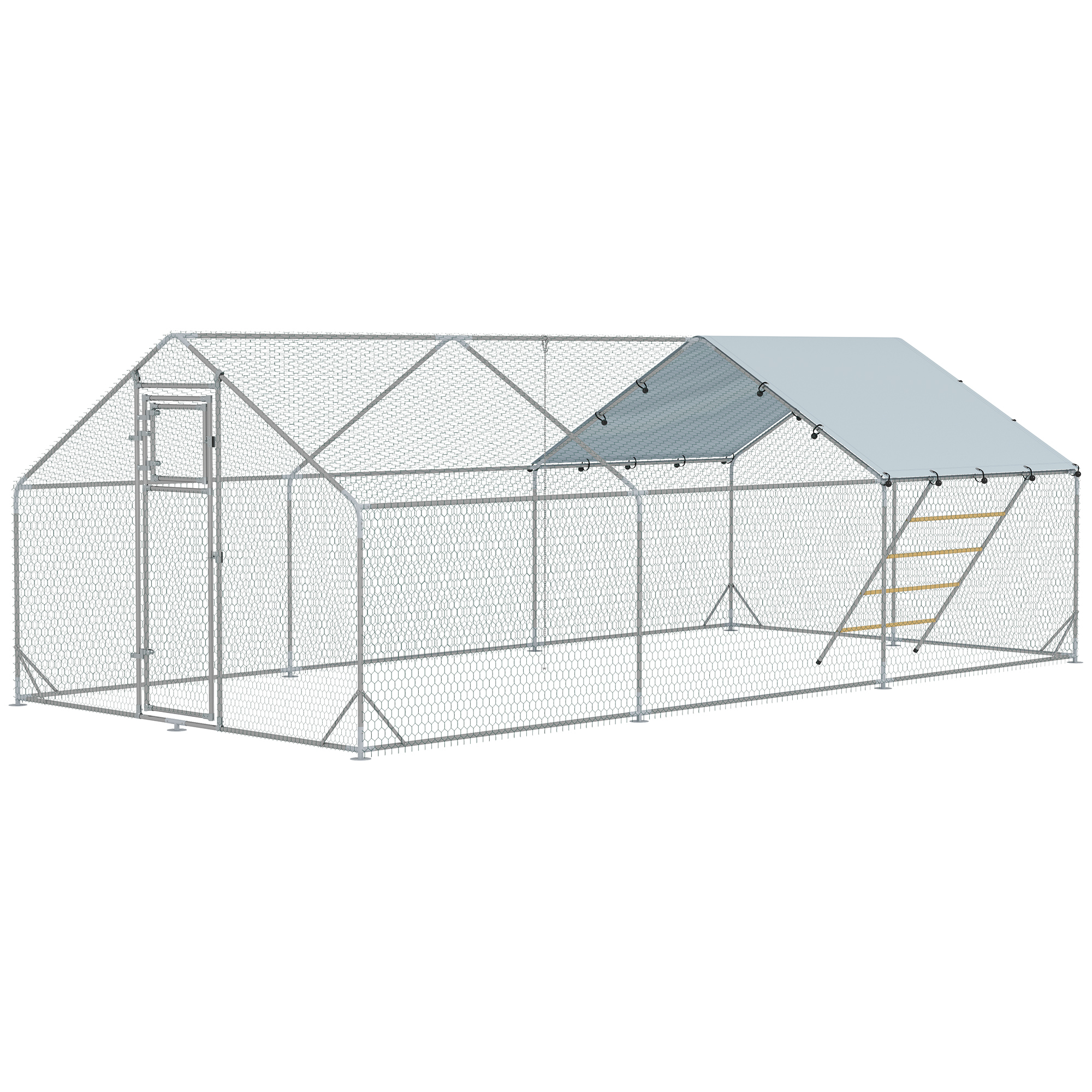 PAWHUT Výběh pro slepice XXL s hřadem kovový se střechou pro 18-24 slepic 600 x 195 x 300 cm