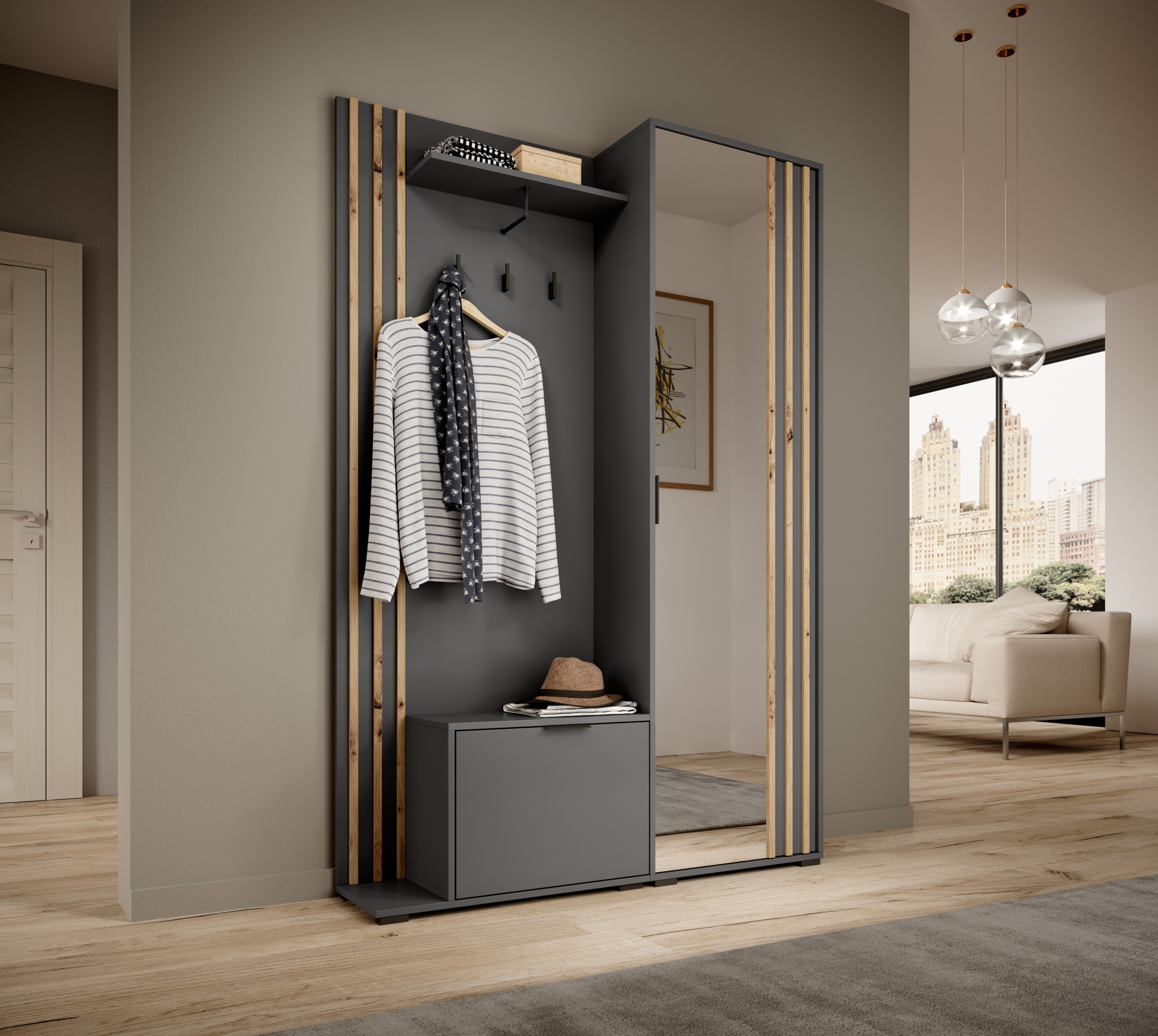 Piaski Předsíňová stěna Nelly 131 cm grafit/dub artisan - Obrázek 2