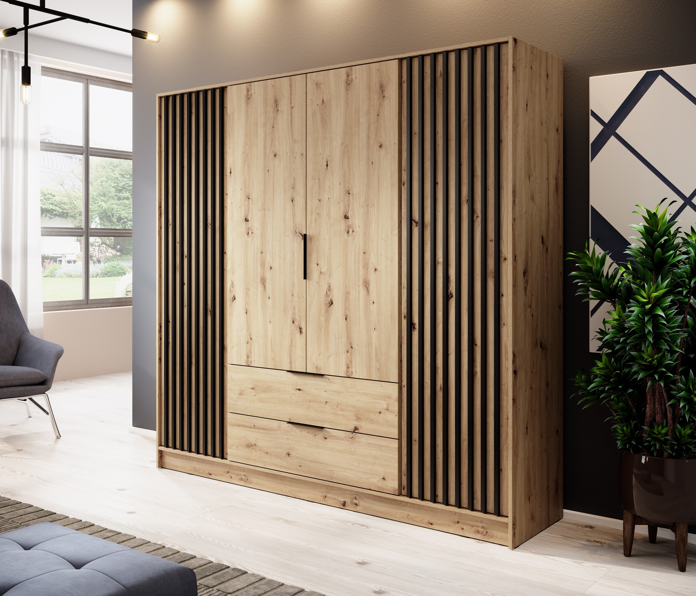 Piaski Šatní skříň Nelly 206 cm dub artisan/černá - Obrázek 2