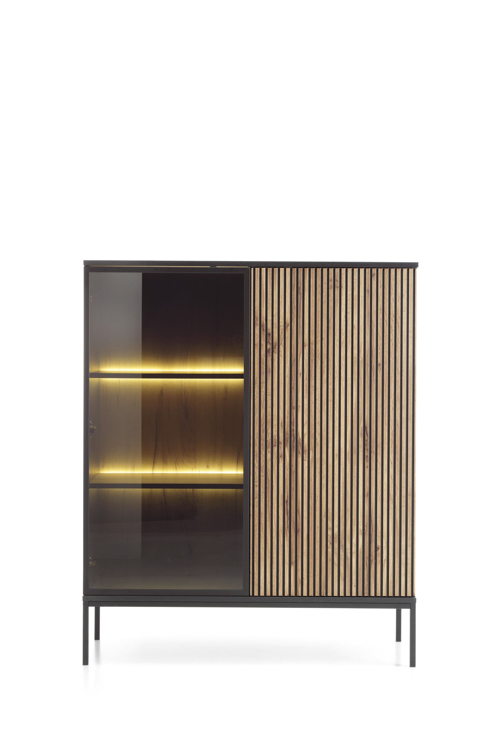 Piaski Vitrína Sento s LED osvětlením 104 cm dub wotan/černá II