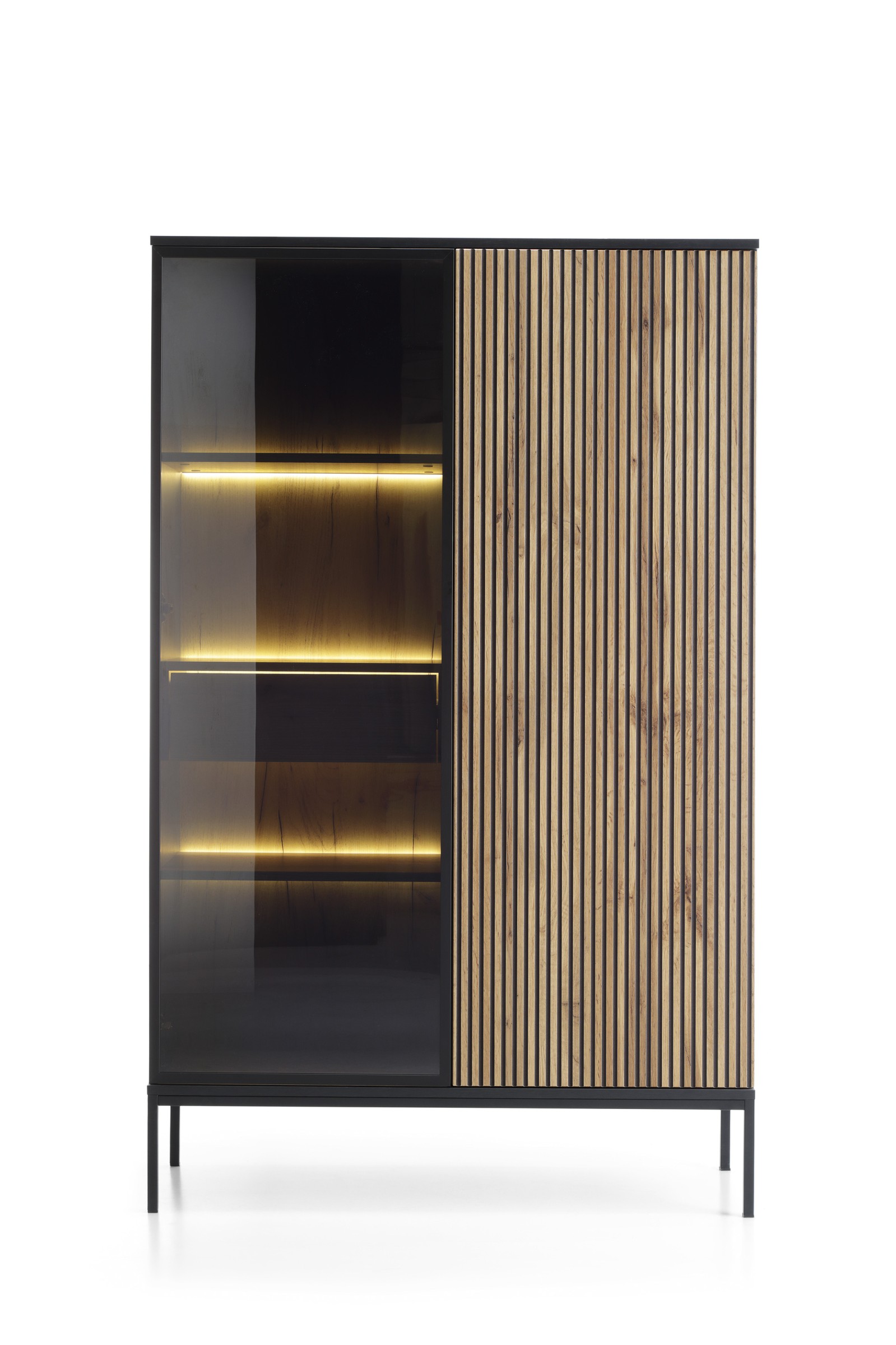 Piaski Vitrína Sento s LED osvětlením 104 cm dub wotan/černá