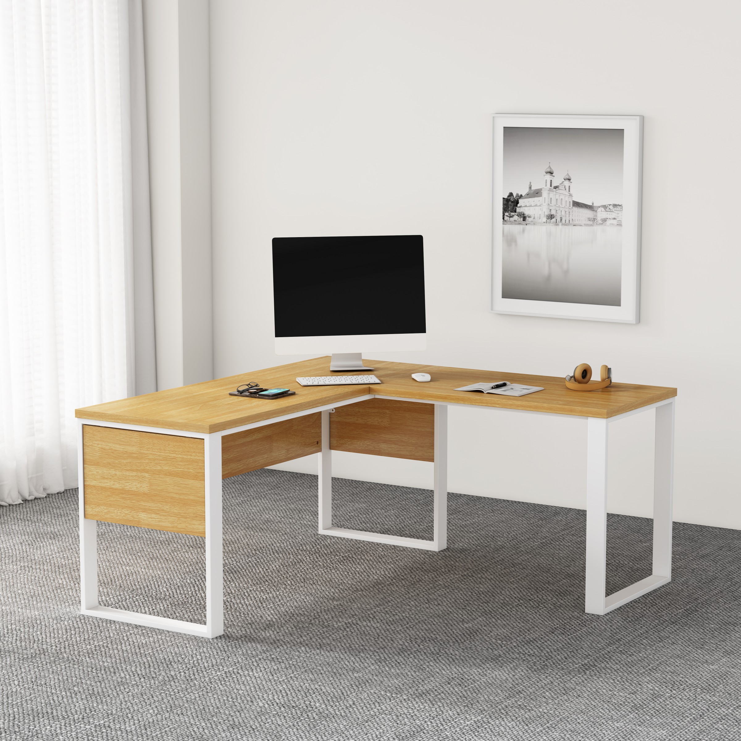 Rohový kancelářský stůl Houseland Nuvia Home 01 160 cm dub/bílý - Obrázek 2