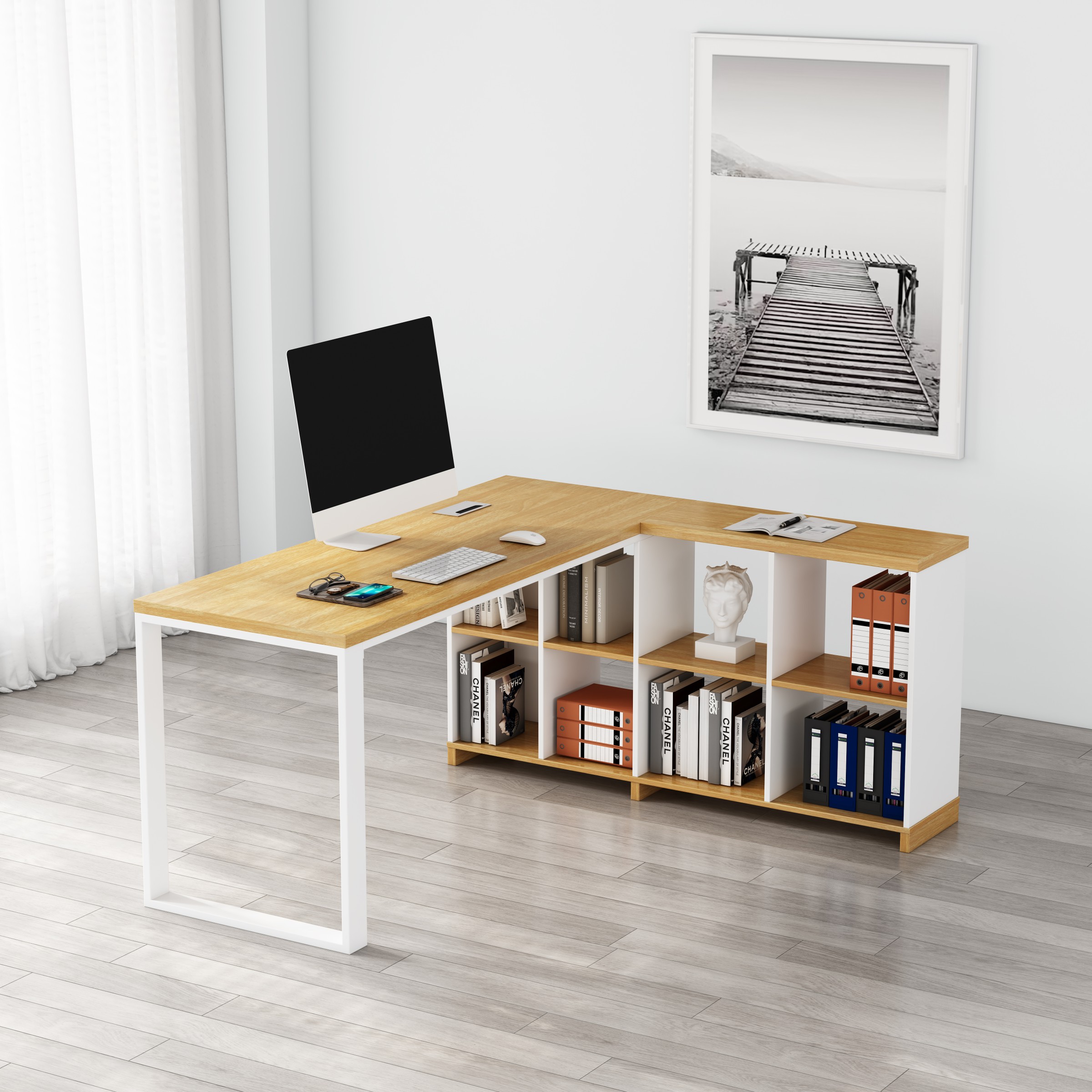 Rohový kancelářský stůl s regálem Houseland Nuvia Home 02 160 cm dub/bílý - Obrázek 2