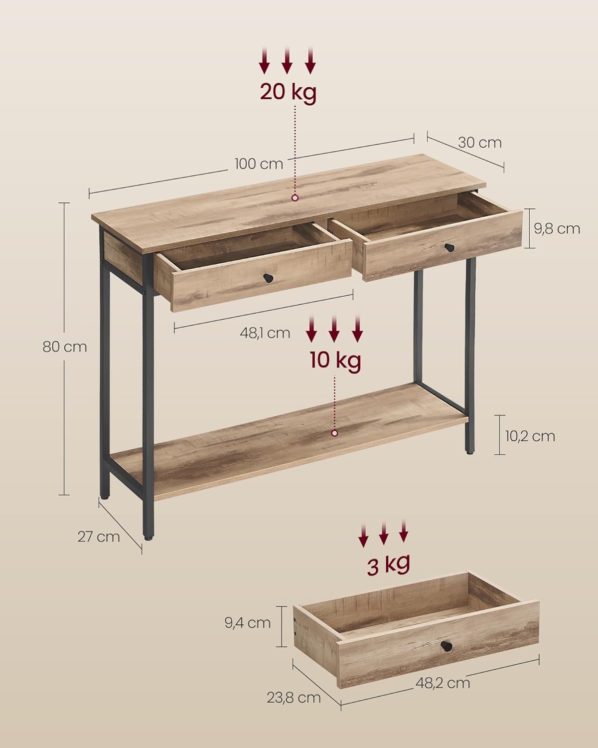 SONGMICS Konzolový stolek Vasagle Jing 100 cm hnědý/černý - Obrázek 2