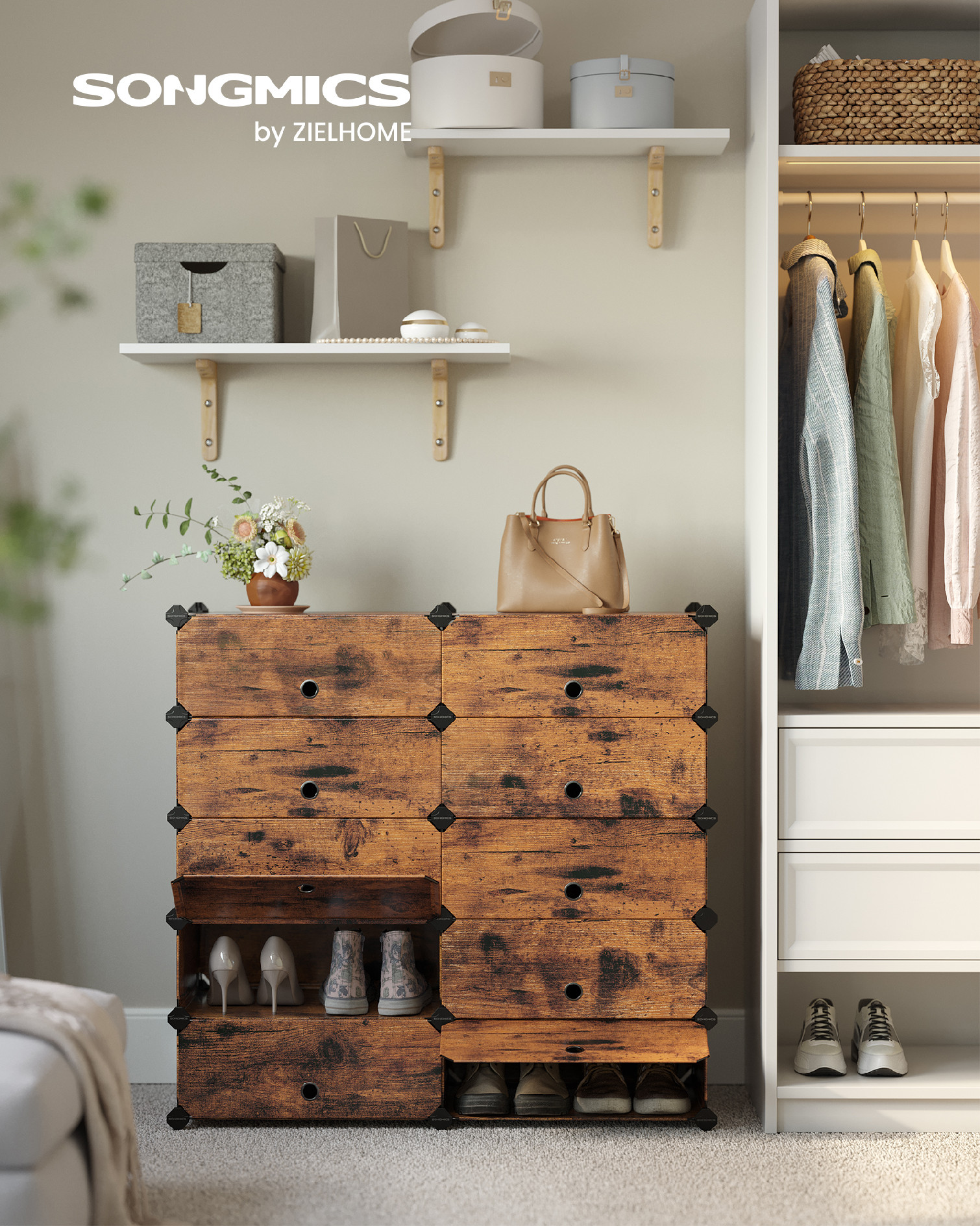 SONGMICS Modulární botník 10 boxů 43 x 173 x 31 cm hnědá