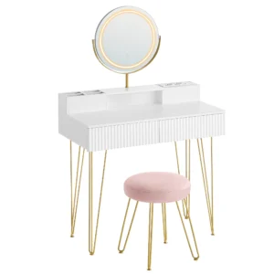 SONGMICS Toaletní stolek s nabíjecí stanicí a LED osvětlením Vasagle Virmo 80 cm bílý/zlatý