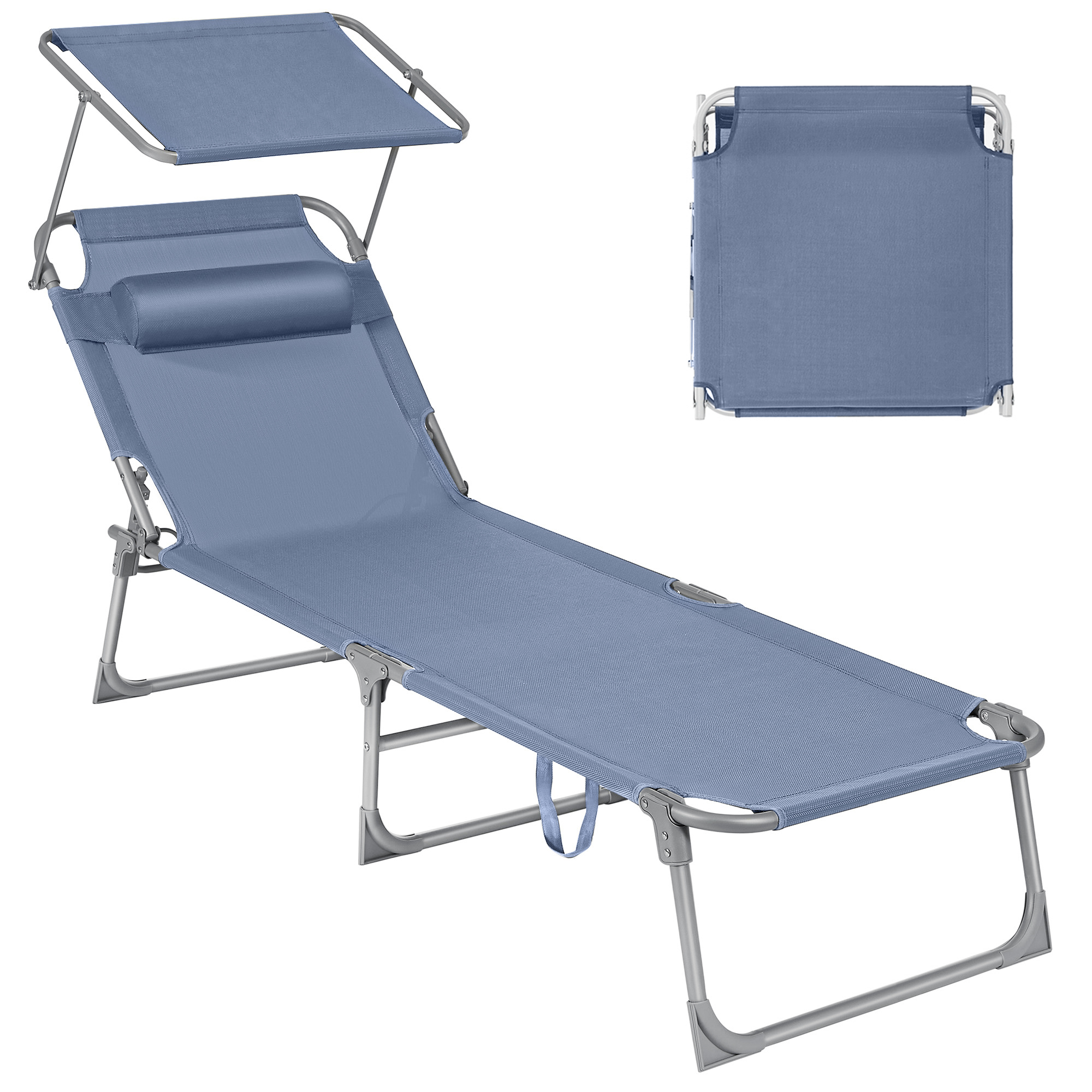 SONGMICS Zahradní lehátko se sluneční clonou a polohovacím opěradlem 193 x 53 x 29 cm nosnost 150 kg modrá - Obrázek 2