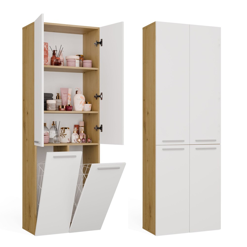 TP Living Koupelnová skříňka s 2 koši na prádlo NEL 2K DD bílá/dub Artisan - Obrázek 2