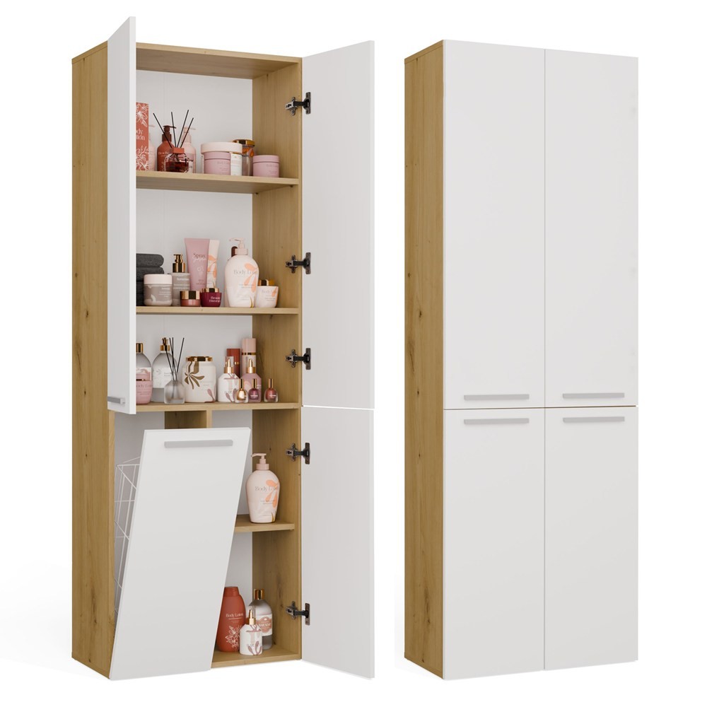 TP Living Koupelnová skříňka s košem na prádlo NEL 1K DD bílá/dub Artisan - Obrázek 2