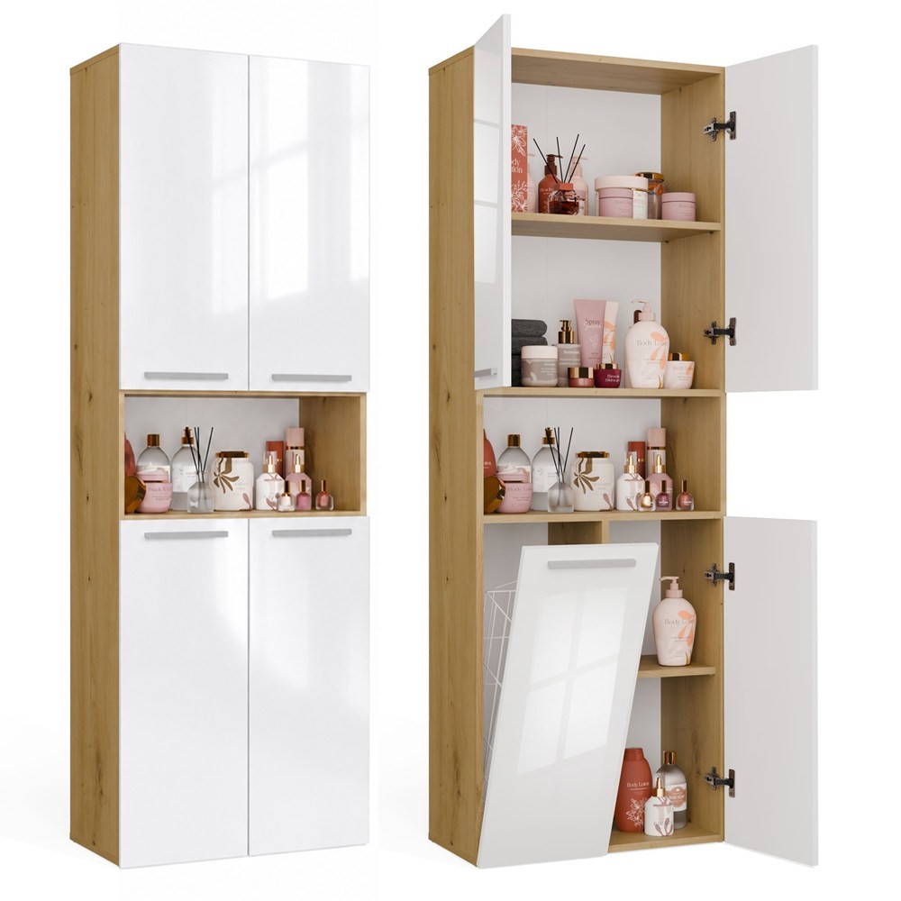 TP Living Koupelnová skříňka s košem na prádlo NEL 1K DK bílý lesk/dub Artisan - Obrázek 2
