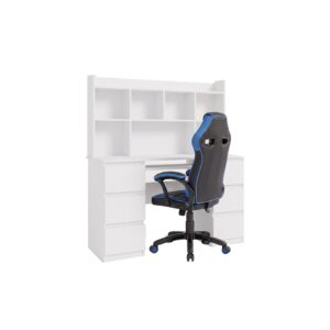 TP Living Psací stůl Kuba s regálem bílý a herním křeslem Drift černo-modrým