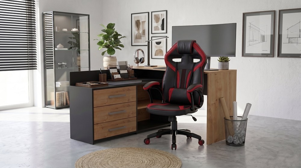 TP Living Rohový psací stůl Dany dub Artisan/antracit s herním křeslem Drift černo-červeným - Obrázek 2