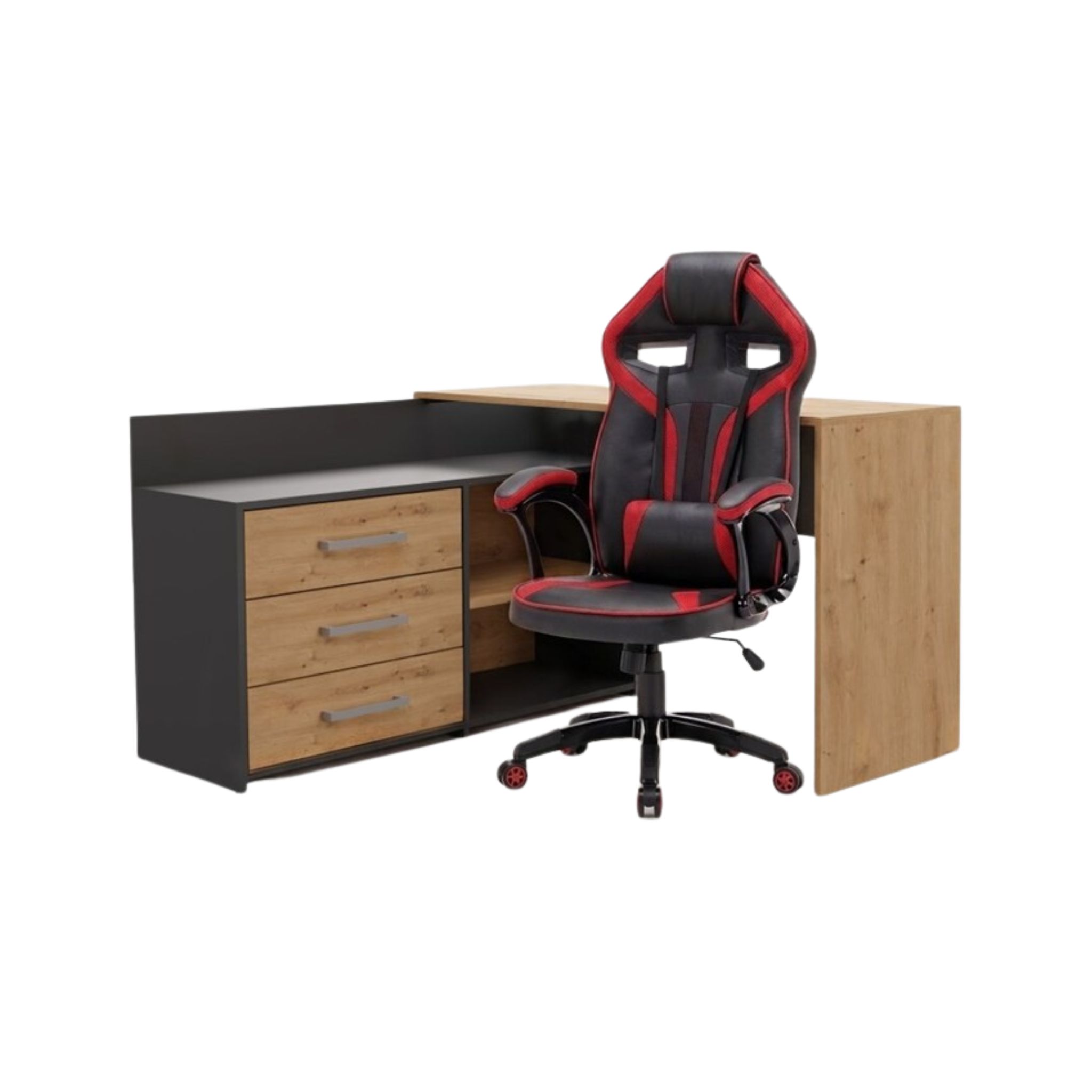TP Living Rohový psací stůl Dany dub Artisan/antracit s herním křeslem Drift černo-červeným