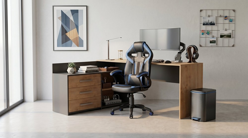 TP Living Rohový psací stůl Dany dub Artisan/antracit s herním křeslem Drift černo-modrým - Obrázek 2