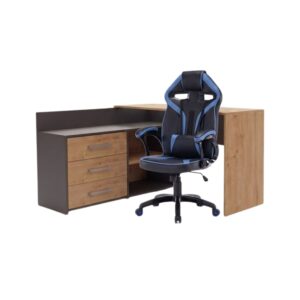 TP Living Rohový psací stůl Dany dub Artisan/antracit s herním křeslem Drift černo-modrým