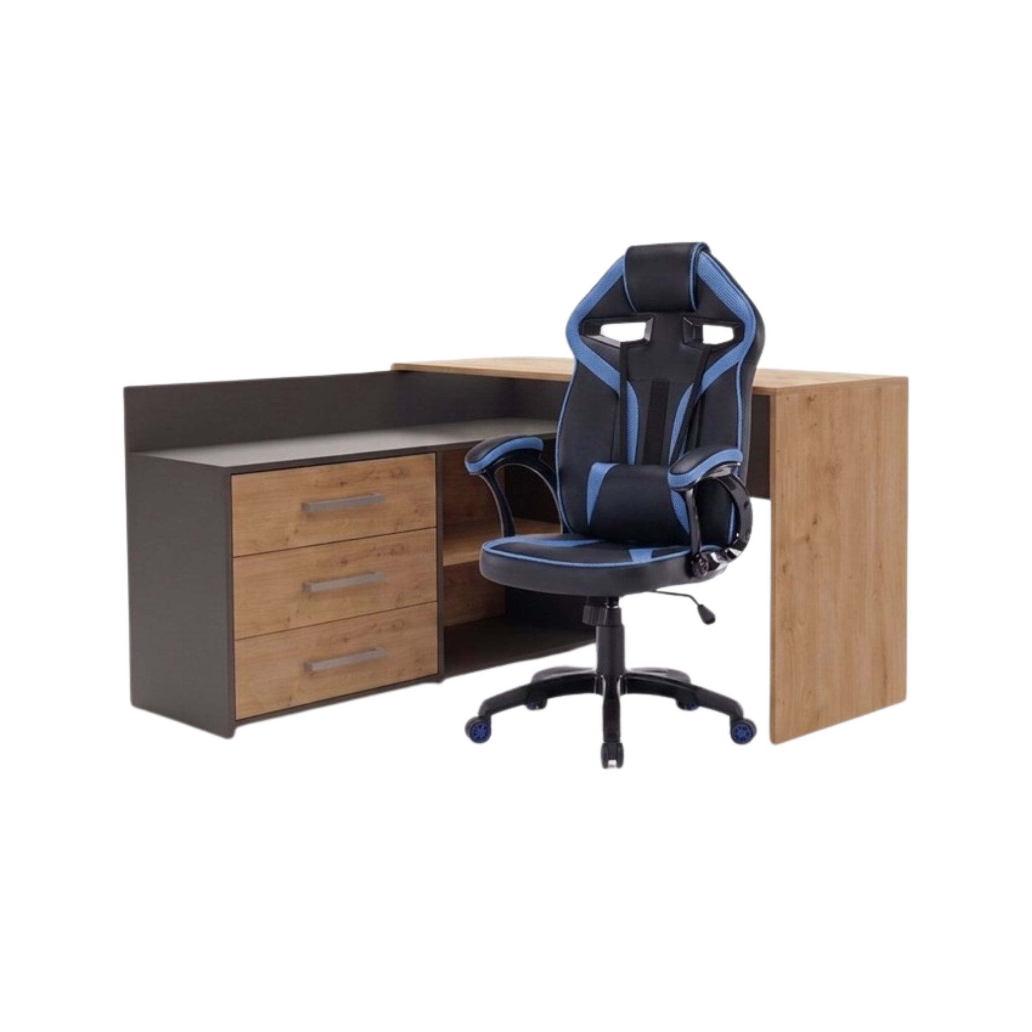 TP Living Rohový psací stůl Dany dub Artisan/antracit s herním křeslem Drift černo-modrým