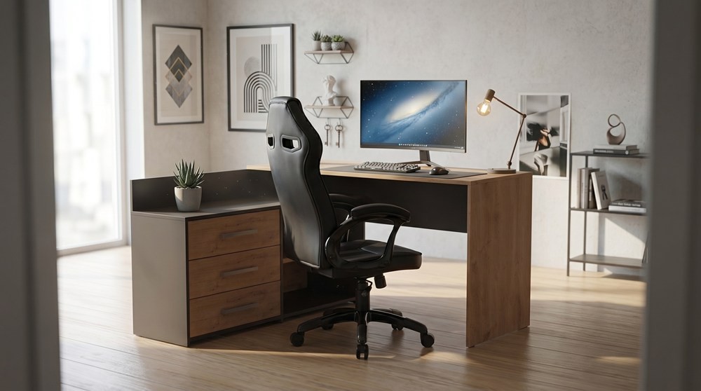 TP Living Rohový psací stůl Dany dub Artisan/antracit s herním křeslem Drift černým - Obrázek 2