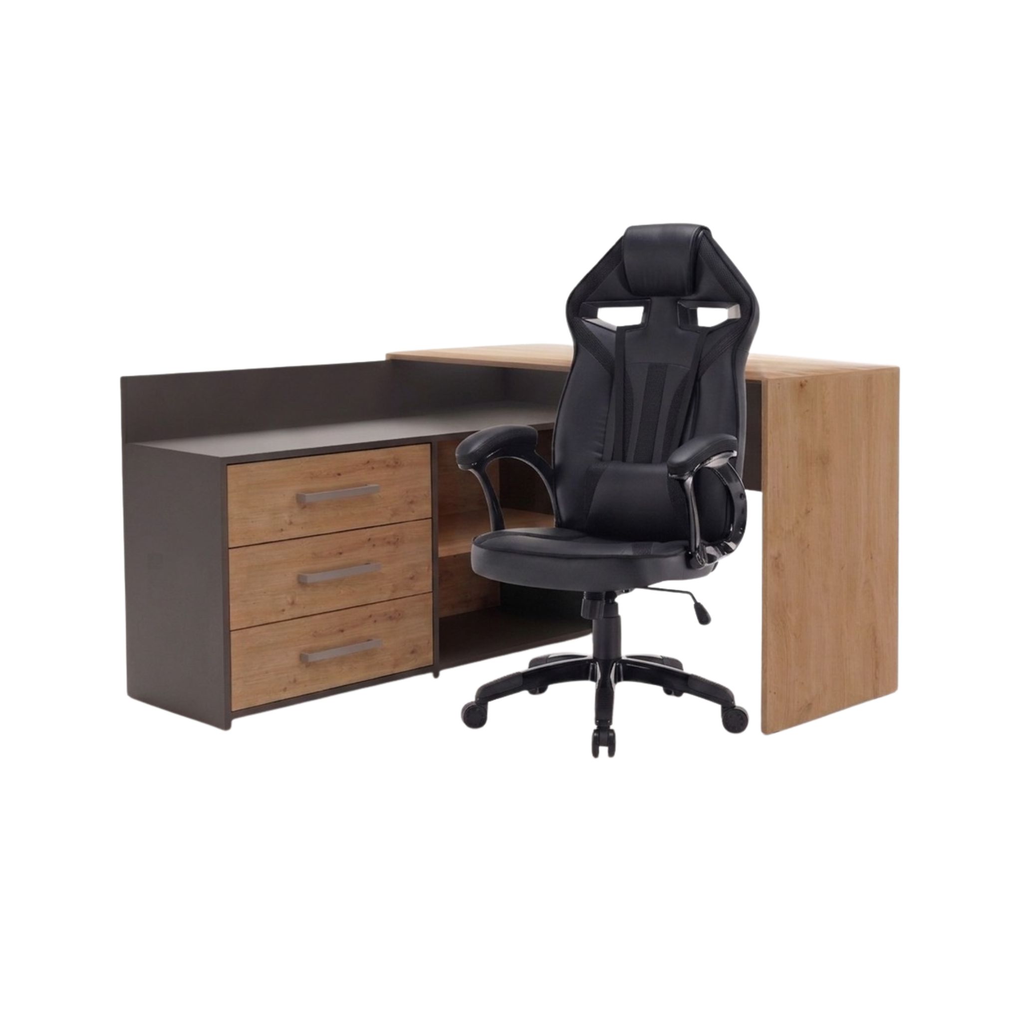 TP Living Rohový psací stůl Dany dub Artisan/antracit s herním křeslem Drift černým