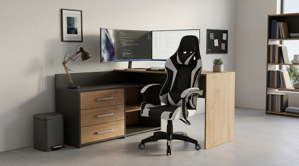 TP Living Rohový psací stůl Dany dub Artisan/antracit s herním křeslem Remus černo-bílým - Obrázek 2