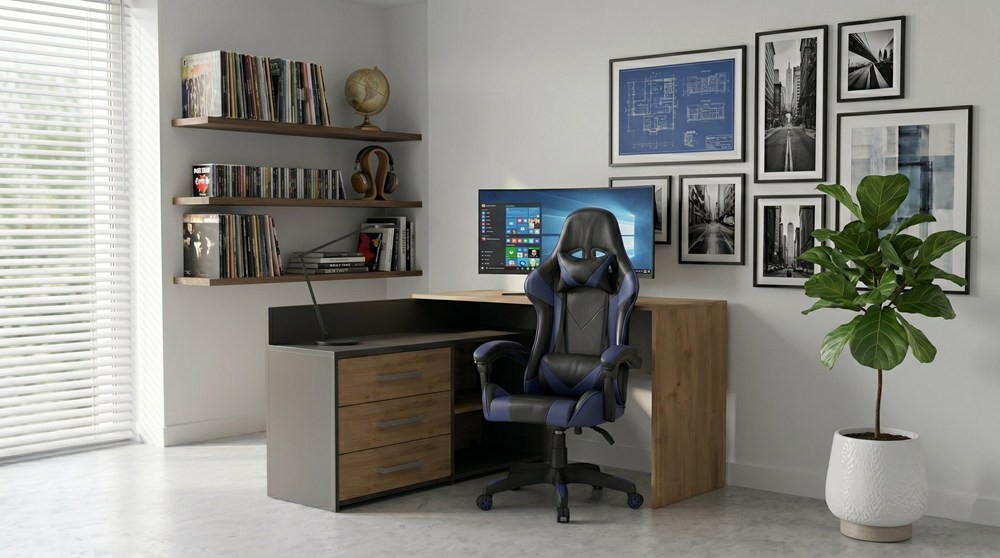 TP Living Rohový psací stůl Dany dub Artisan/antracit s herním křeslem Remus černo-modrým - Obrázek 2