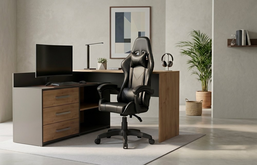 TP Living Rohový psací stůl Dany dub Artisan/antracit s herním křeslem Remus černým - Obrázek 2
