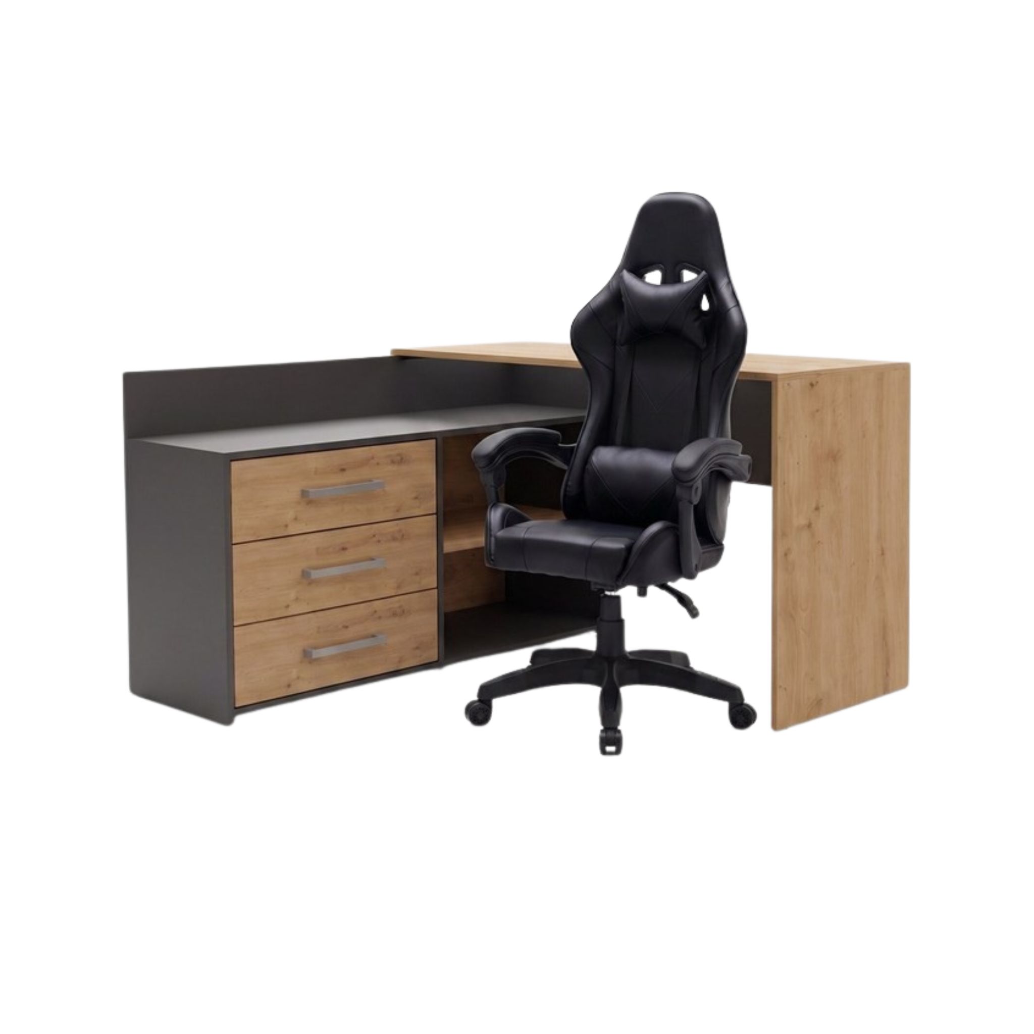 TP Living Rohový psací stůl Dany dub Artisan/antracit s herním křeslem Remus černým