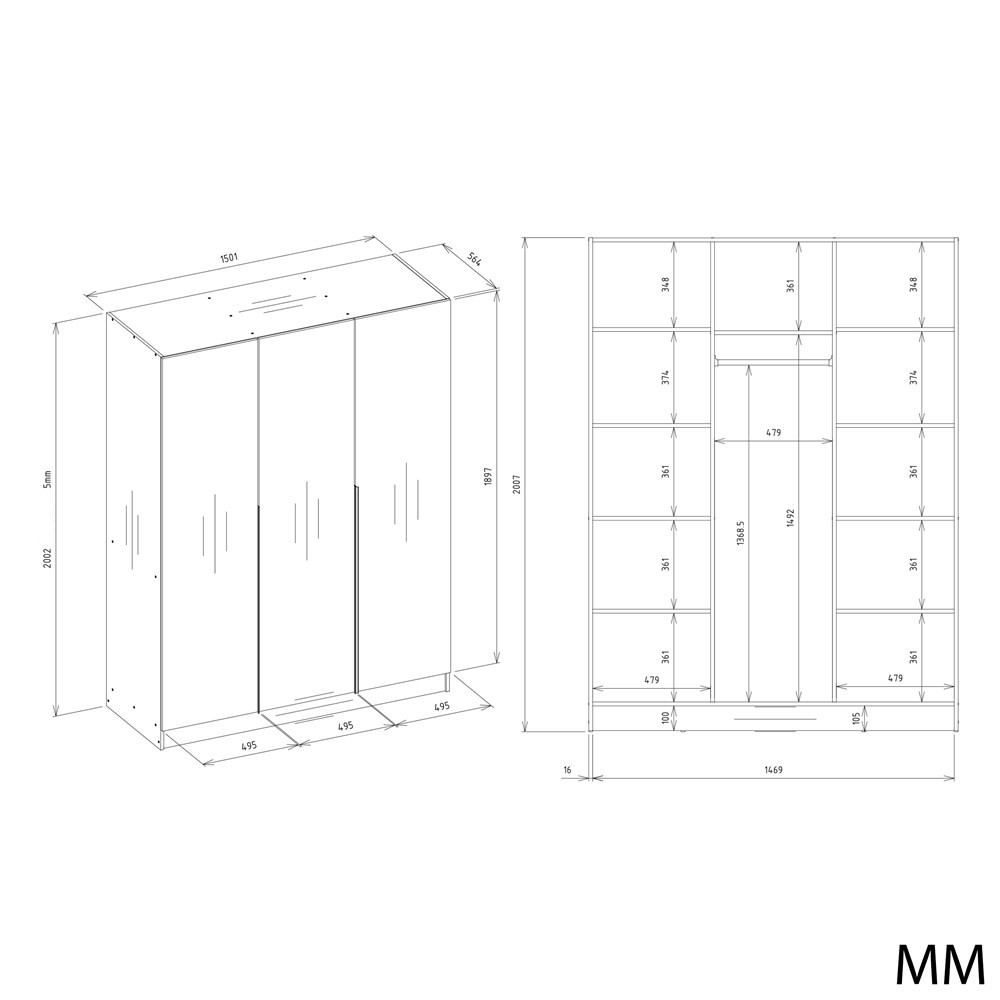 TP Living Šatní skříň Senso 3D 150 cm bílá/černá - Obrázek 2
