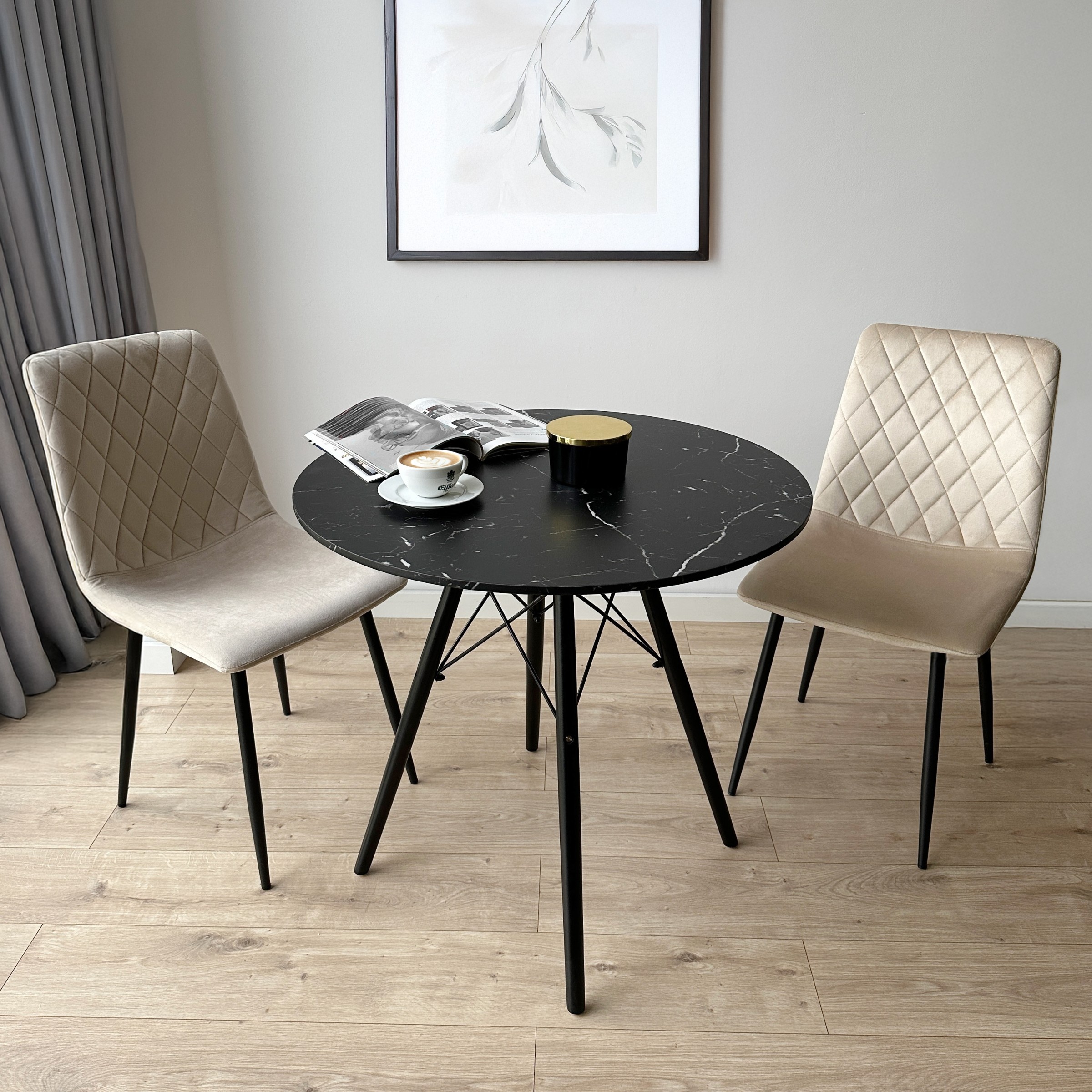 TZB Kulatý jídelní stůl Paris Black 80 cm černý mramor/černý - Obrázek 2