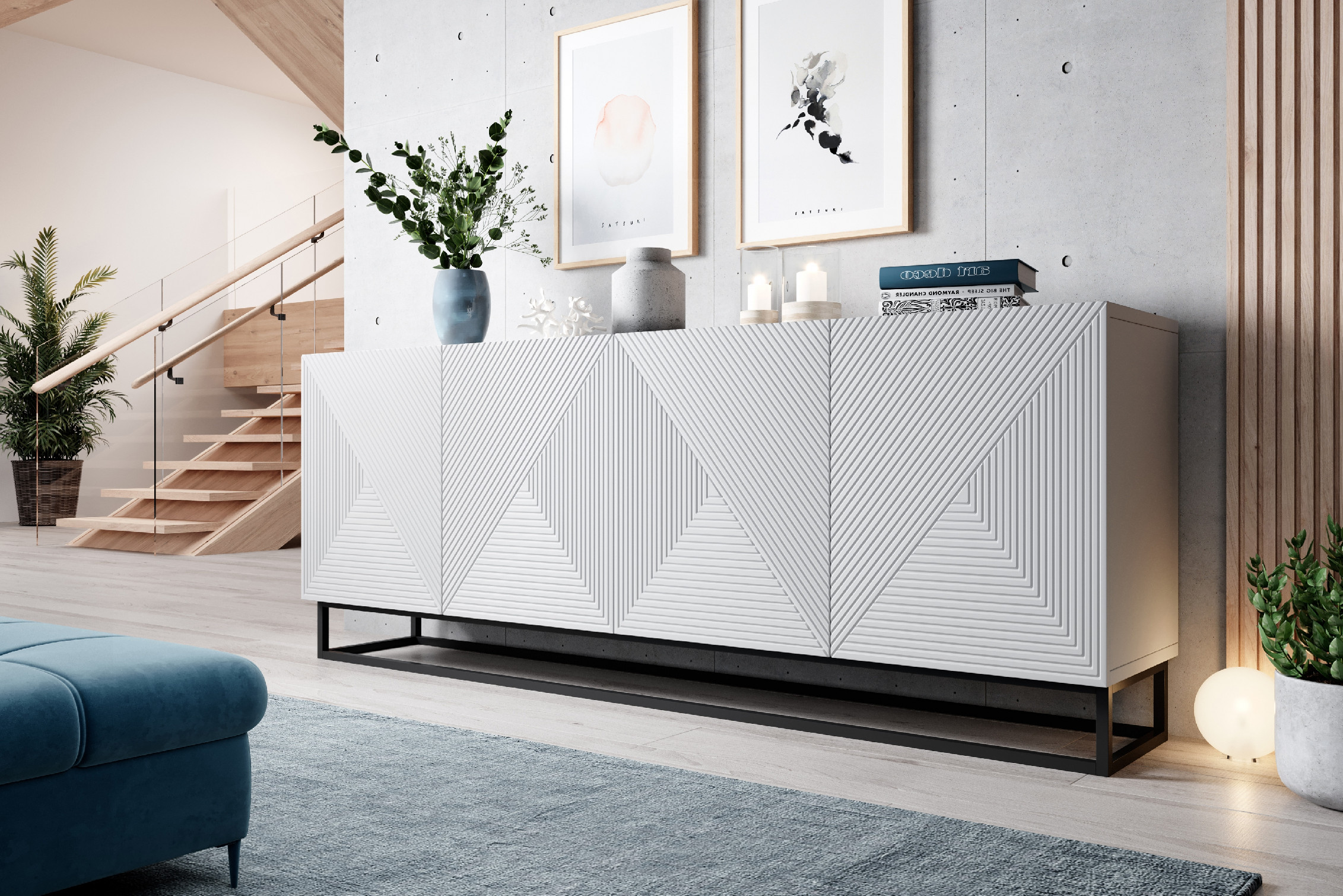 Bogart Moderní komoda Usha 200 cm čtyřdveřová - bílý mat/černý rám - Obrázek 2